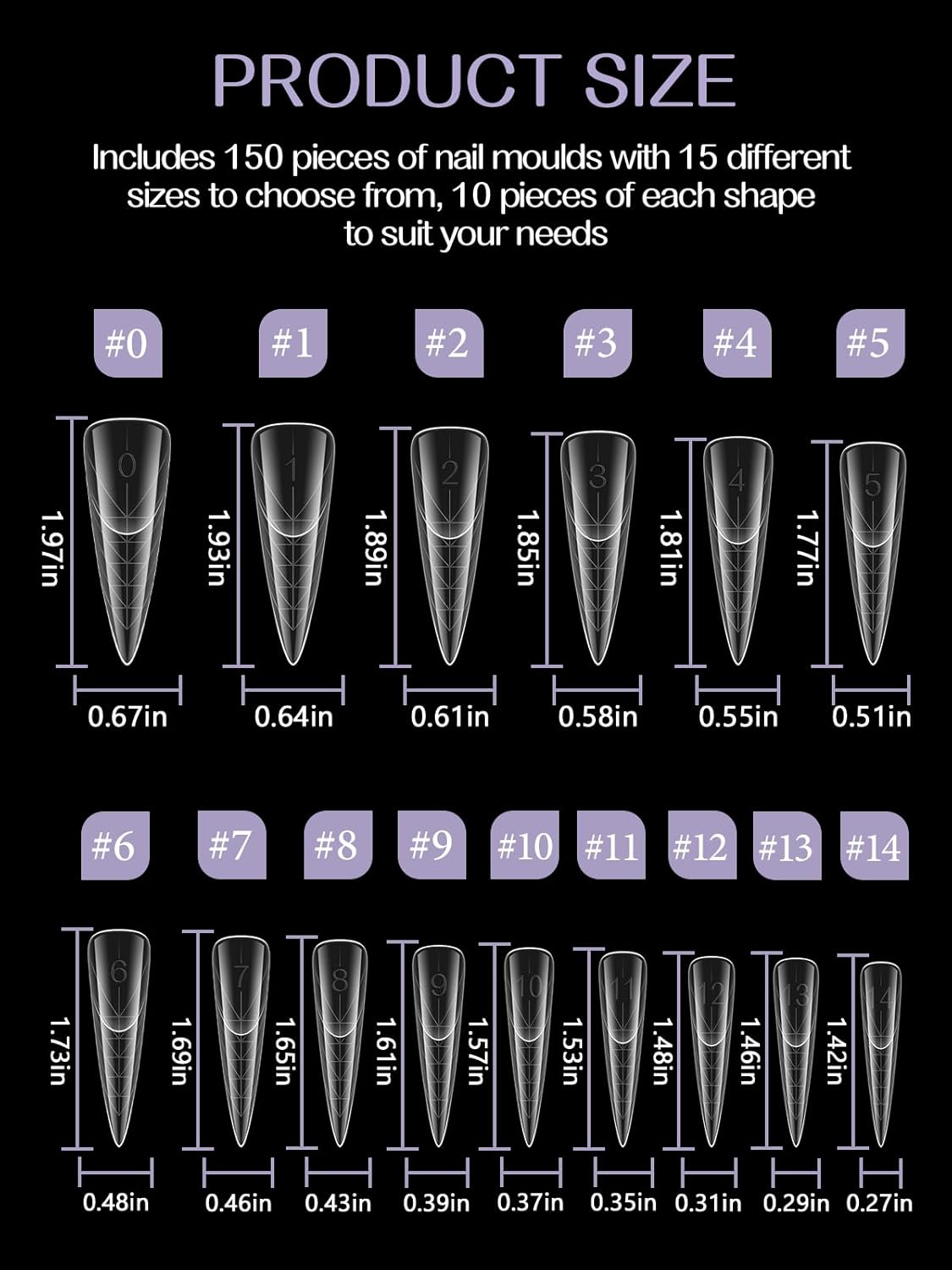 TOROKOM 150Pcs Poly Extension Gel Dual Nail Forms Clear Nail Forms Full Stiletto Nail Molds 15 Sizes for Gel Manicure Nail Art Design Salon&DIY