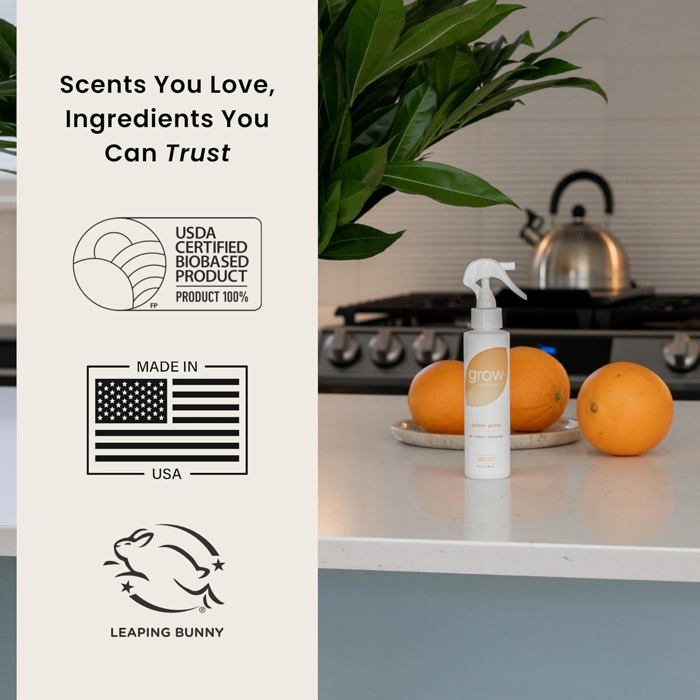 Grow Fragrance 100% Plant-Based Air Freshener Spray | Freshen Fabric & Rooms | Golden Grove Scent - Citrus, Fruits, Watery Green Notes | Made with Natural Essential Oils - 2 Pack, 5 oz each