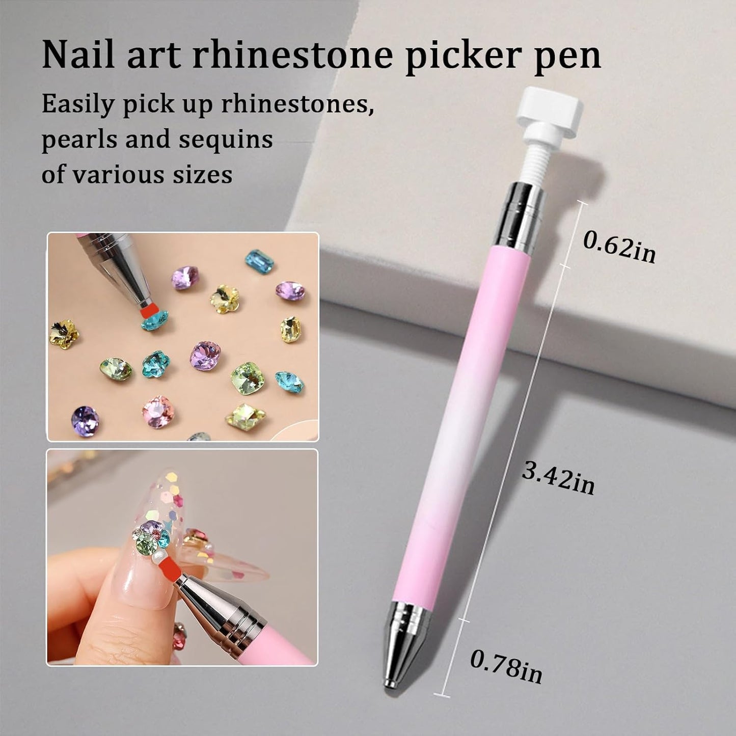 WOKOTO 1 PCS Nail Art Rhinestone Picker Pens With 1 Box Spare Silicone Clay Tool Pink&White Gradient Rotating Push Nail Diamond Art Painting Dotting Pen Refillable Wax Pen For Nails Gems Picker Tool