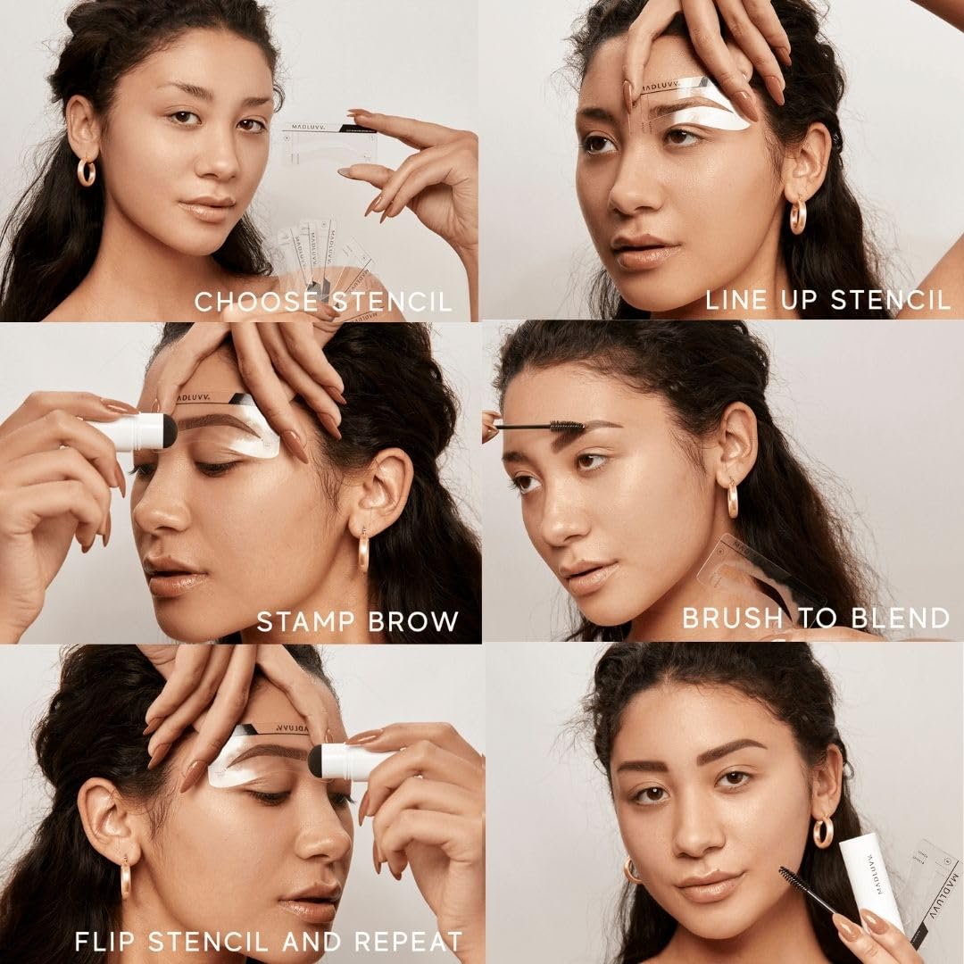 MADLUVV Brow Stamp Kit with Brow Stencils – Easy Eyebrow Shaper for Natural-Looking Brows – Popular Eyebrow Stencil Kit Used by Professionals – 9 Shapes, Spoolie, Travel Bag & Stamp (Dark Grey)