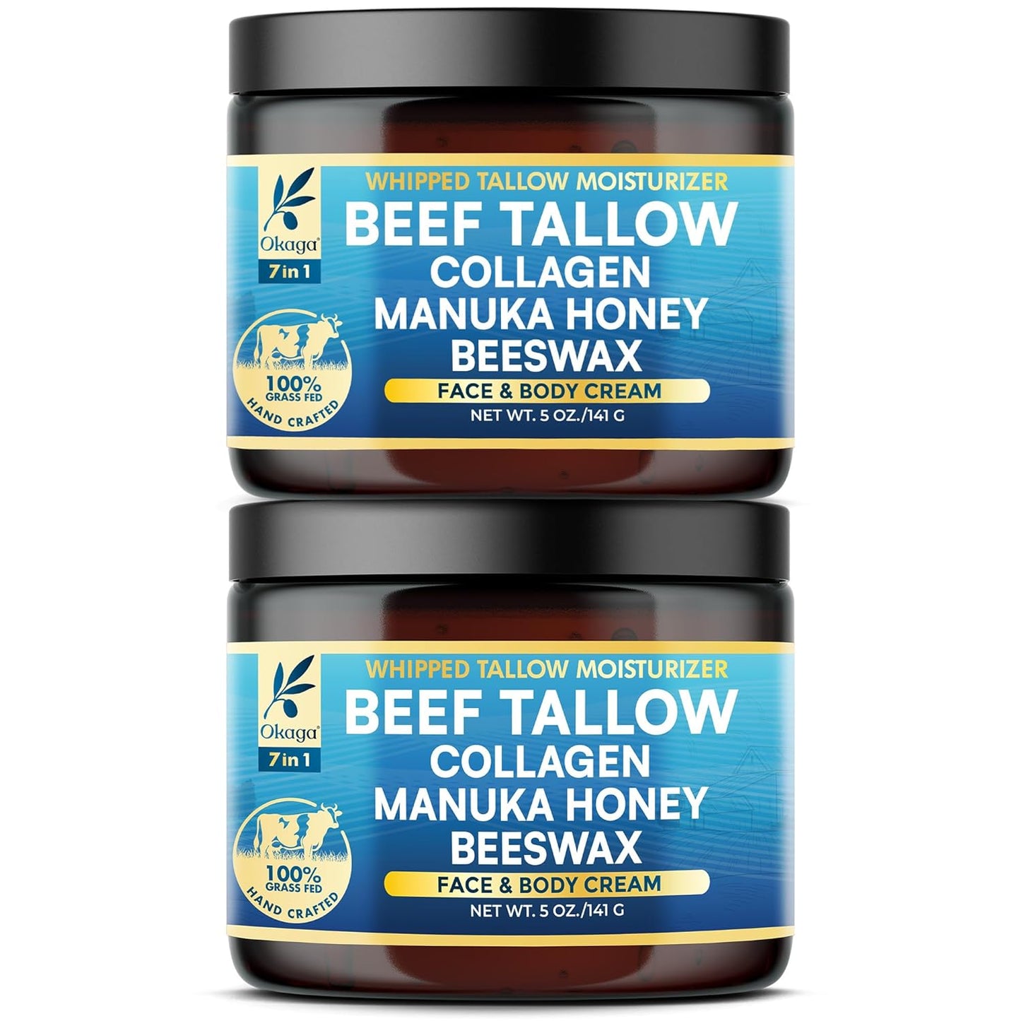 Organic Beef Tallow for Skin, Organic Grass-Fed Beef Tallow Balm with Manuka Honey, Aloe Vera, Jojoba Oil, Collagen & Beeswax, Olive Oil, Moisturizer for Dry Skin, Nourishes Face, Body & Lips (2 Pack)