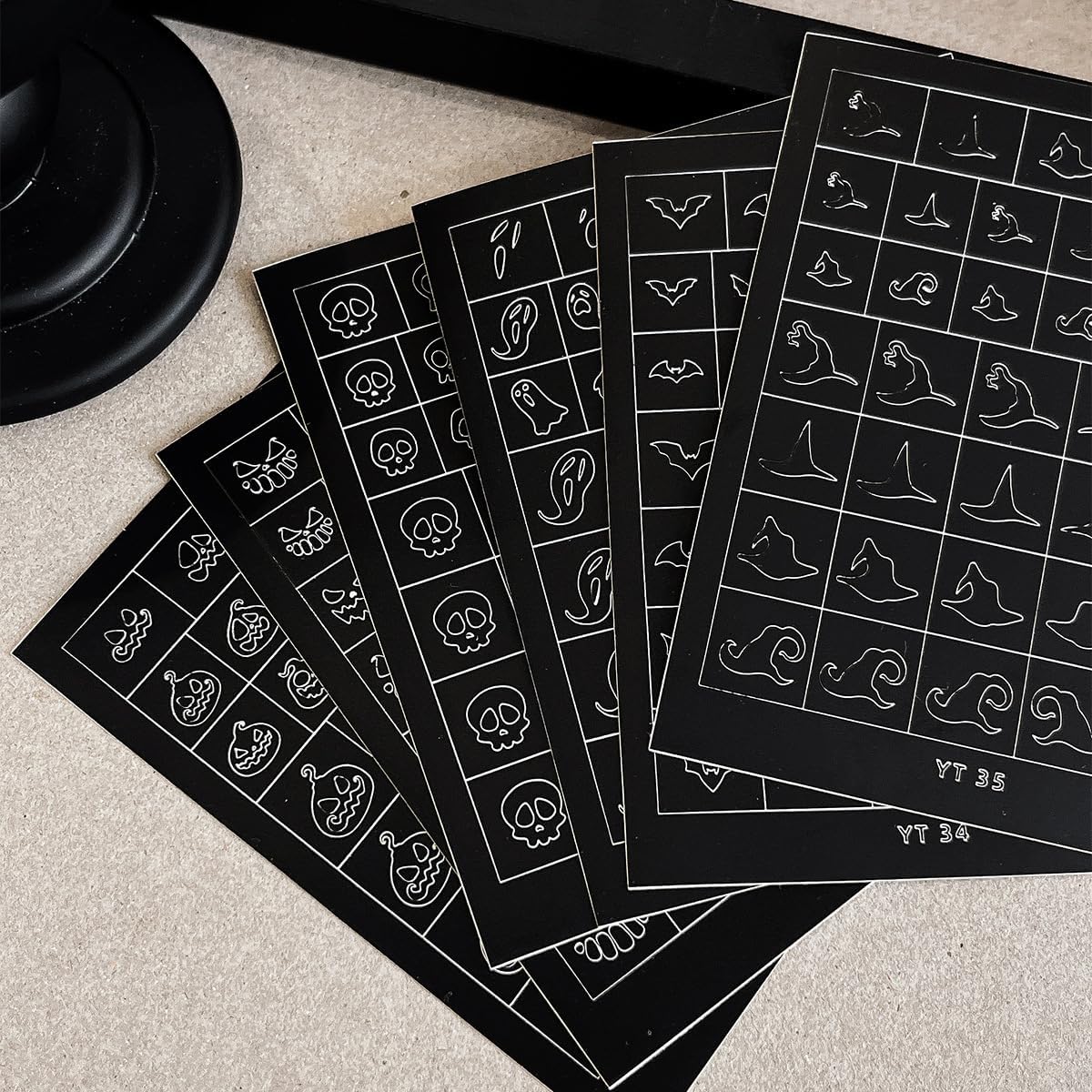 Halloween Nail Stickers Airbrush Stencils Stickers for Nail Art Self Adhesives with Skull Ghost Witch Bat Pumpkin Grimace Designs Supplies Design Nail Guide for Manicure Nails Decoration 6 Sheets