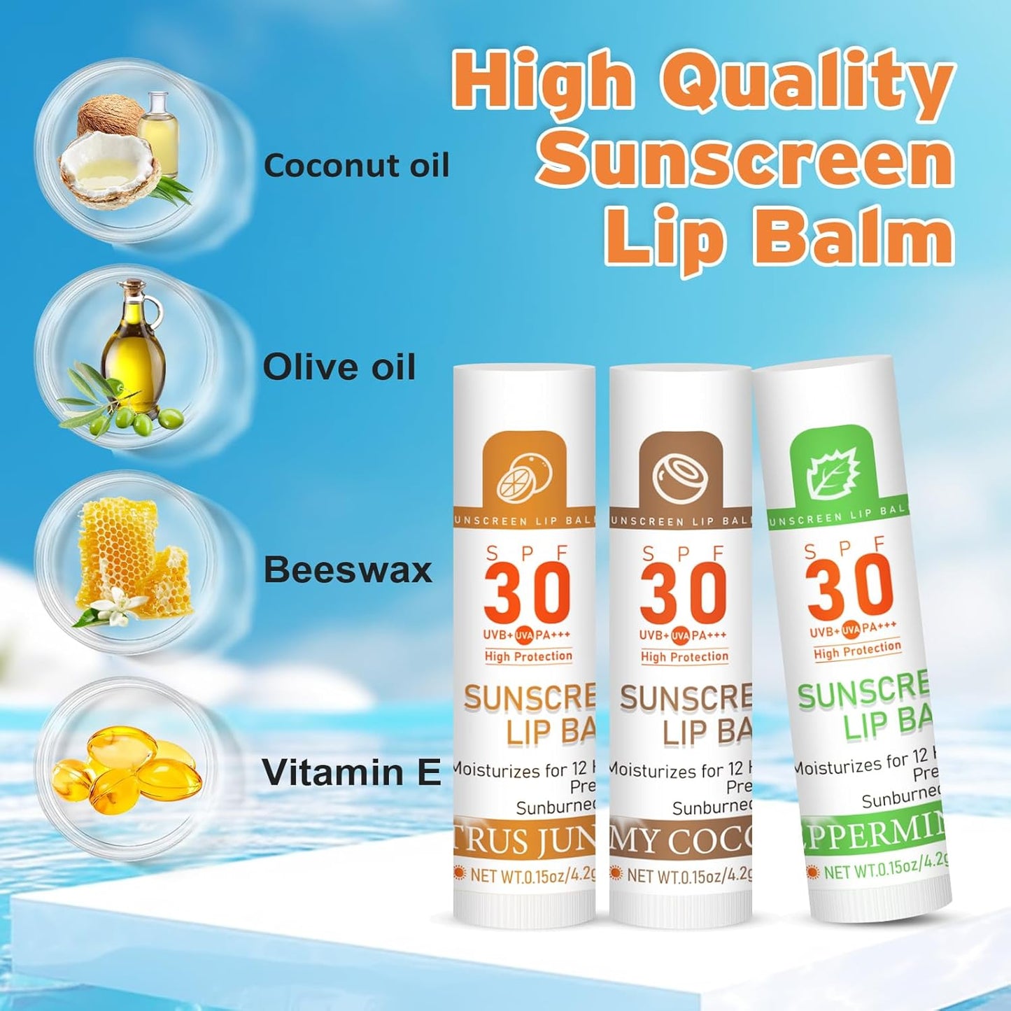 SPF 30 Lip Balm with Sunscreen, 8 Pack - 8 Flavors, Hydrating Lip Balm with Vitamin E and Coconut Oil