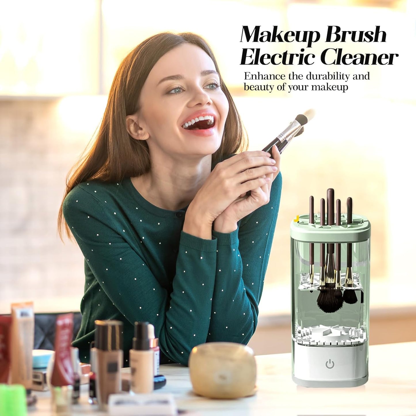 Electric Makeup Brush Cleaner:Fast and Efficient Machine for Deep Cleaning All Brush Types, Compact and Portable for Travel and Home, Ideal for Makeup Enthusiasts and Professionals (Clear Green)