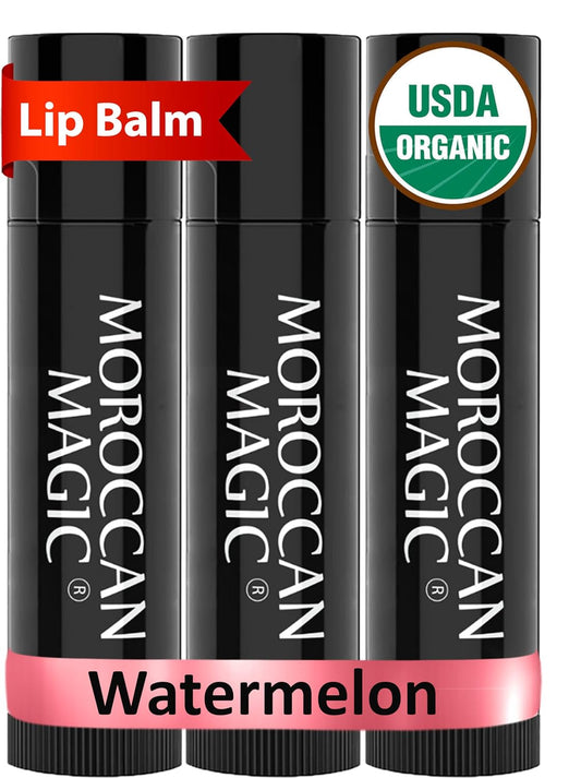 Moroccan Magic Organic Watermelon Lip Balm 3 Pack | Ultra-Hydrating Argan & Essential Oil Lip Moisturizer + Vitamin E | Natural Chapstick for Dry Lips | Smooth, Non-Toxic | Organic Lip Balm