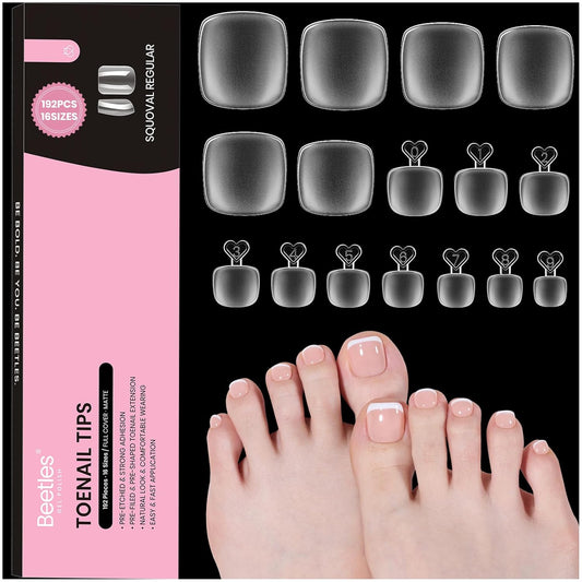 Beetles Toe Nail Tips Square - 16 Sizes 192 Pcs Full Cover Nail Tips Fake Acrylic Toe Nail Pre-etched Double Matte Press on Toenails, Soft Gel Toe Nail Extensions for Women