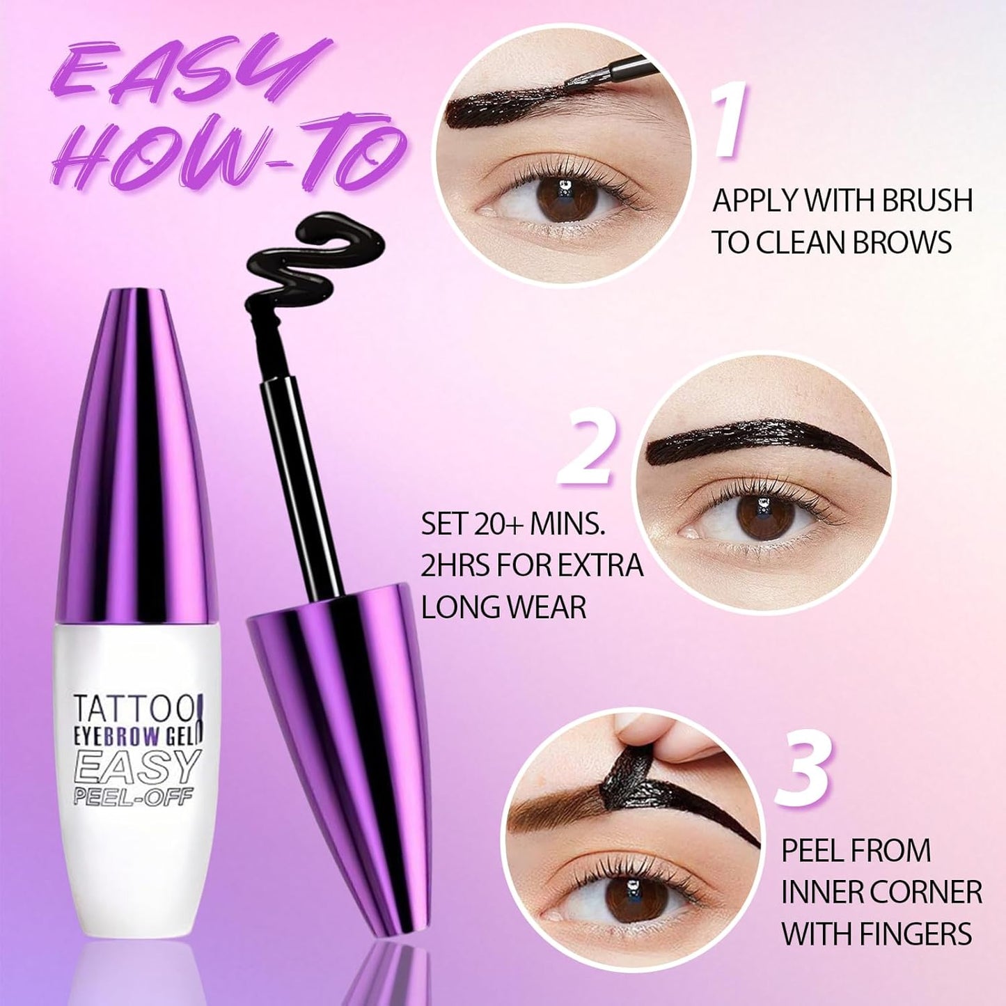 Tattoo Eyebrow Gel Easy Peel Off - Dark Brown, Waterproof & Long Lasting Up to 3 Days, Semi-Permanent Peel Off Brow Dye Gel for Sparse Brows, Transfer-proof, Natural Color for Fuller Defined Brows