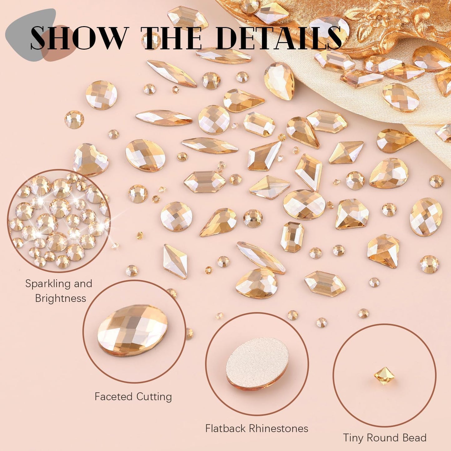 2680Pcs Champagne Gold Glass Nail Rhinestones 120Pcs Multi Shapes Flatback Nail Gems +2560Pcs 1.5-4mm Round Crystal, Manicure Nail Charms Diamond Gemstones for Acrylic Nails Decoration