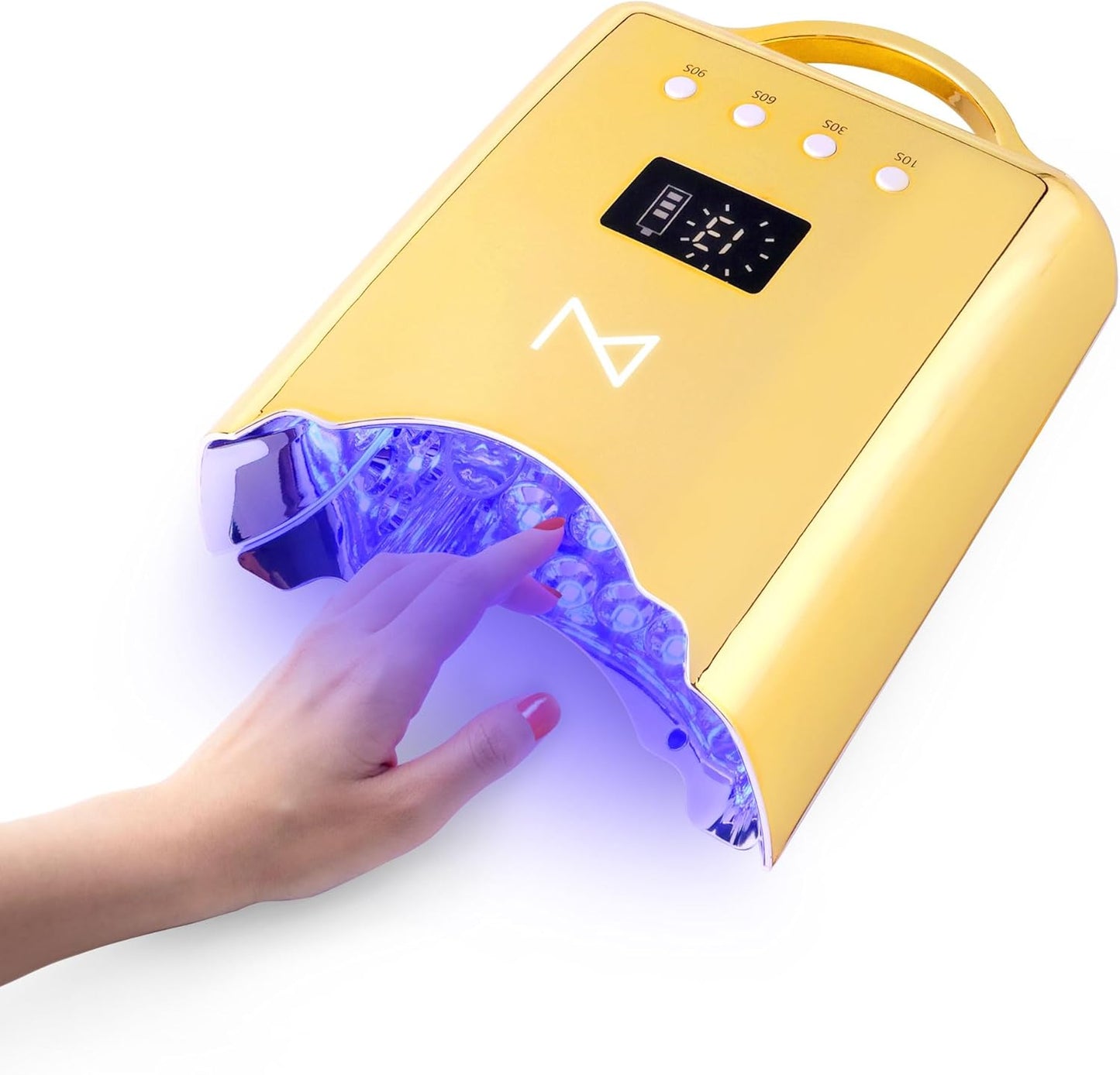 M - NEO Cordless & Rechargeable Nail Curing Lamp 78W with 4 LCD Time Display Timer, Auto Sensor, and Spacious Interior for All Hand Sizes and Nail Lengths (Gold)