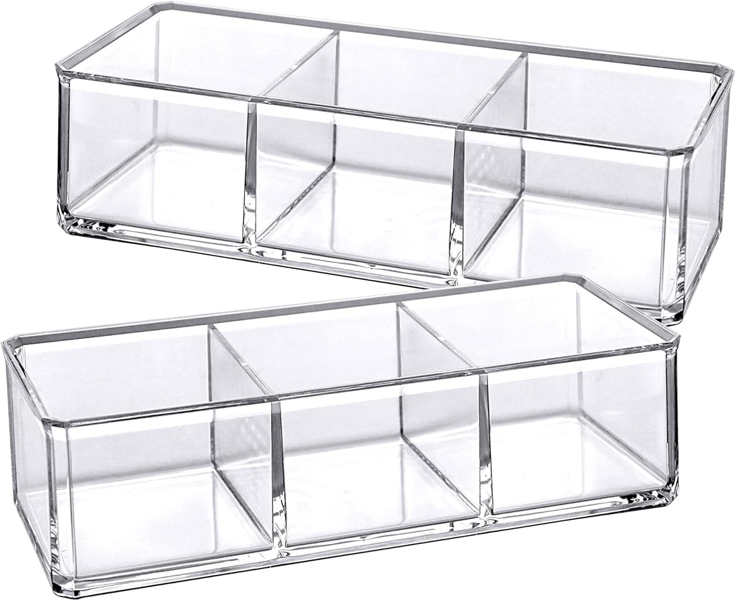 Amazing Abby - Glamour - 2-Pack Acrylic 3-Compartment Makeup Organizer, Transparent Plastic Lipstick Holder, Perfect Bathroom Vanity Storage Solution for Lipsticks, Nail Polishes, and More