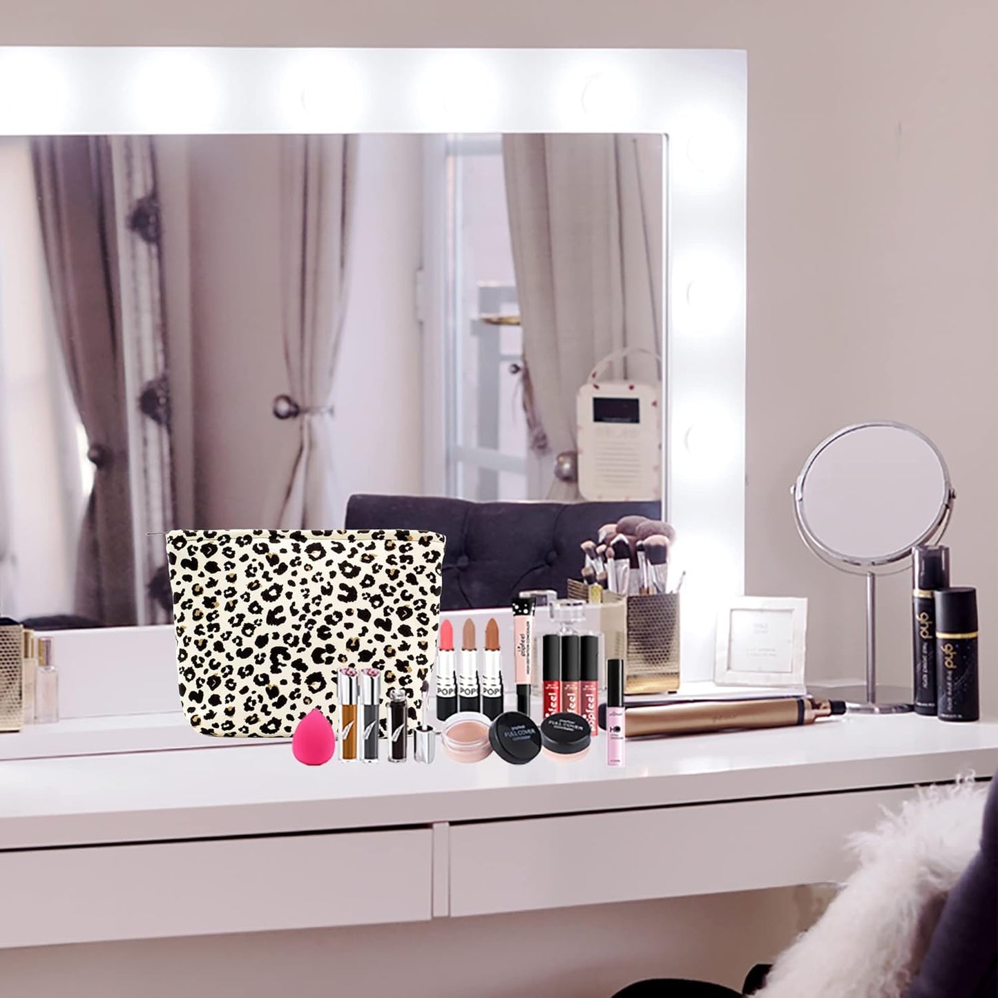 Makeup Bags for Purse Zipper Cosmetic Pouch Large Travel Canvas Make Up Organizer Tool Pouch for Women and Girls,Leopard Ivory