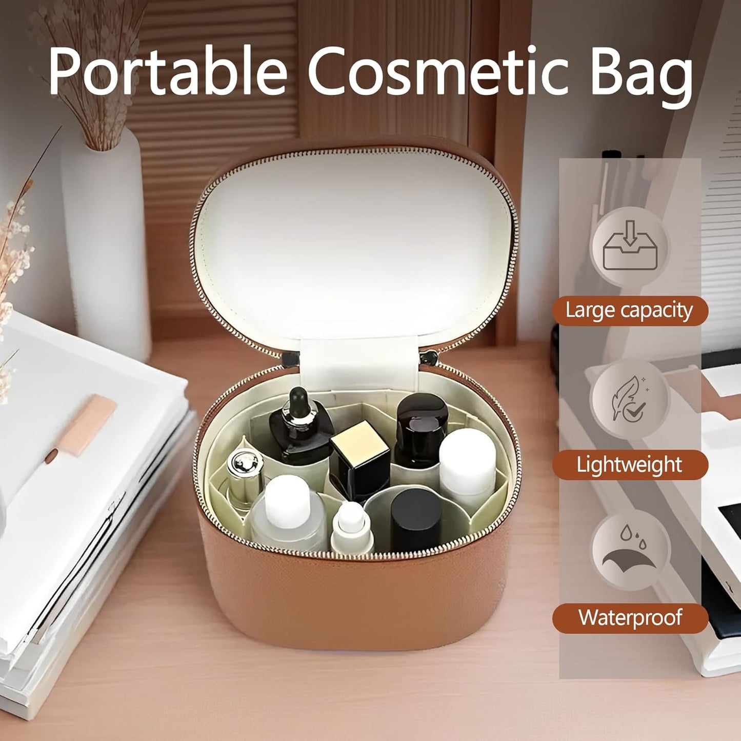 Upgrade Makeup Bag Travel Toiletry Bag Portable Cosmetic Makeup Organizer Bag Detachable Compartments (Brown-retro vibes style)