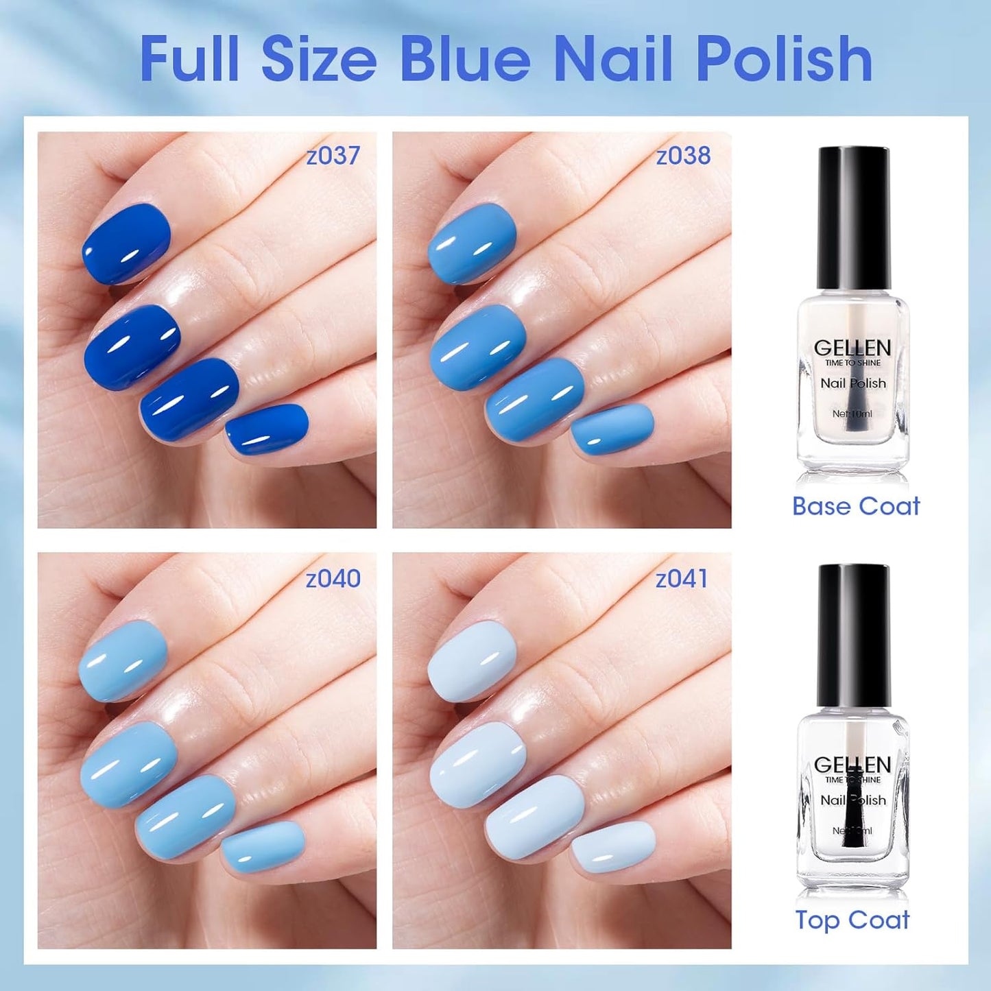 Gellen Blue Nail Polish & Clear Base Top Coat Nail Polish, Quick Air Dry Natural Regular Nails Polish Bright Baby Cobalt Ocean Blue 6pcs Set for Acrylic Natural Nails Home Salon, Non UV Gel, Hema Free