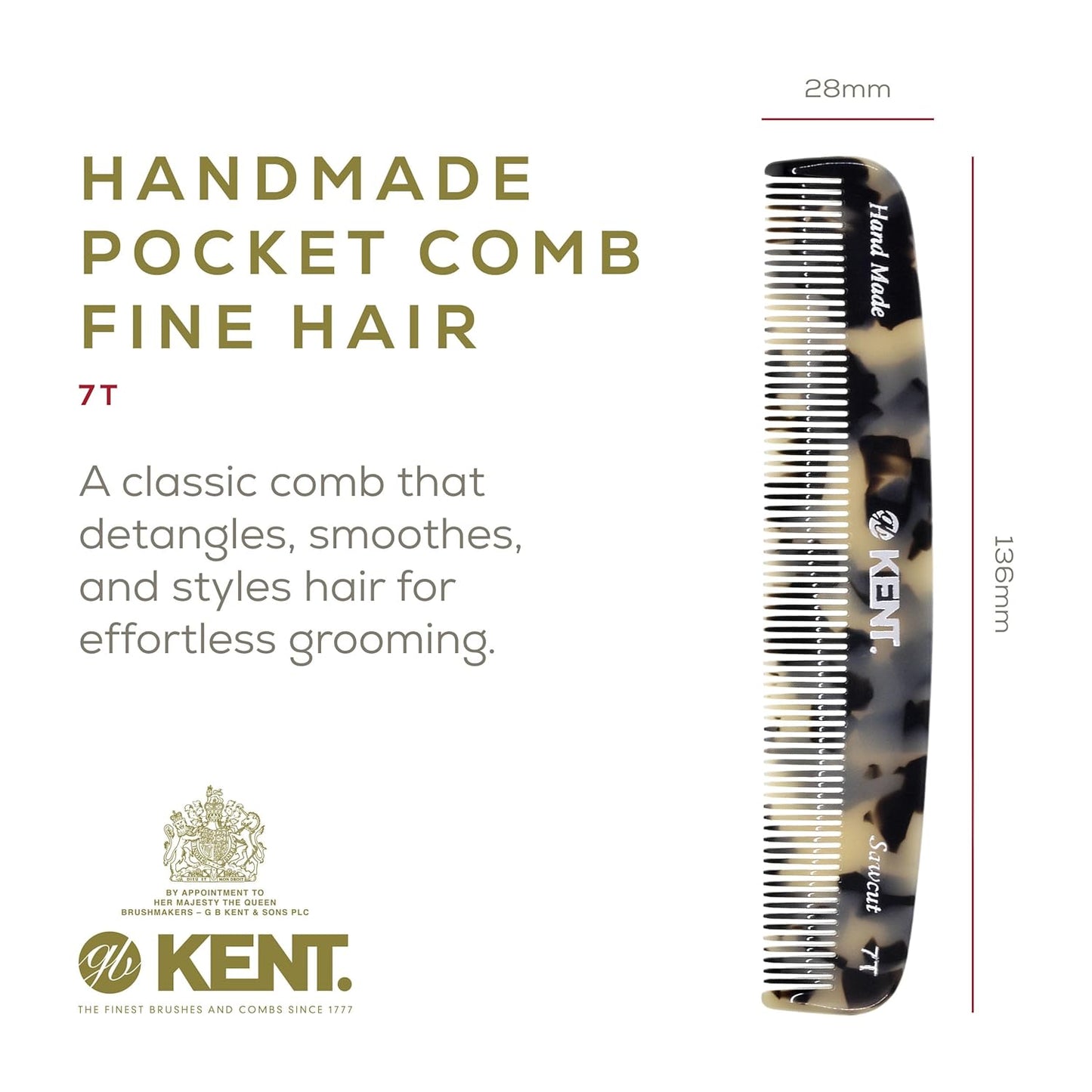 Kent 7T TW All Fine Tooth Pocket Comb for Men - Handmade Hair Comb for Men for Everyday Grooming and Styling - Travel Comb for Hair Care, Mustache and Beard Care, Use Dry or with Balms, Saw Cut and