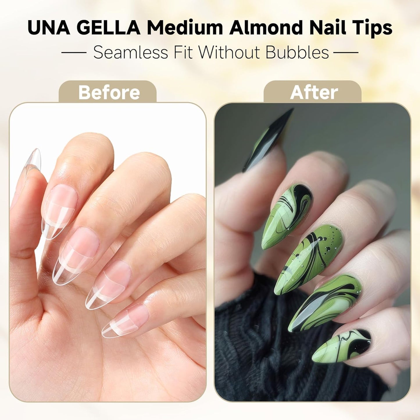 UNA GELLA Almond Gel Nails Tips Medium: 504pcs Full Matte Soft Gel Almond Shape Nail Tips Half Cover Clear Gelly Tips for Nail Art Press On Nails 12 Sizes, Nail Extensions