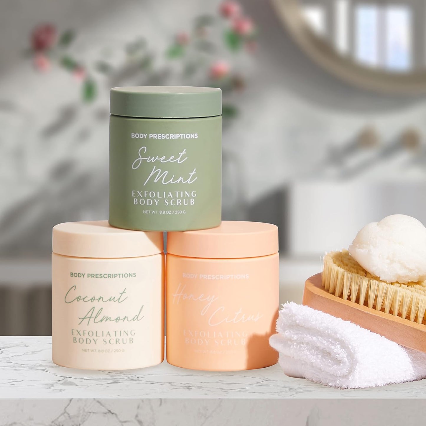 Body Prescriptions Exfoliating Body Scrub – Body Cleanser for Nourished, Ultra-Smooth Skin, Honey Citrus, Coconut Almond, and Sweet Mint