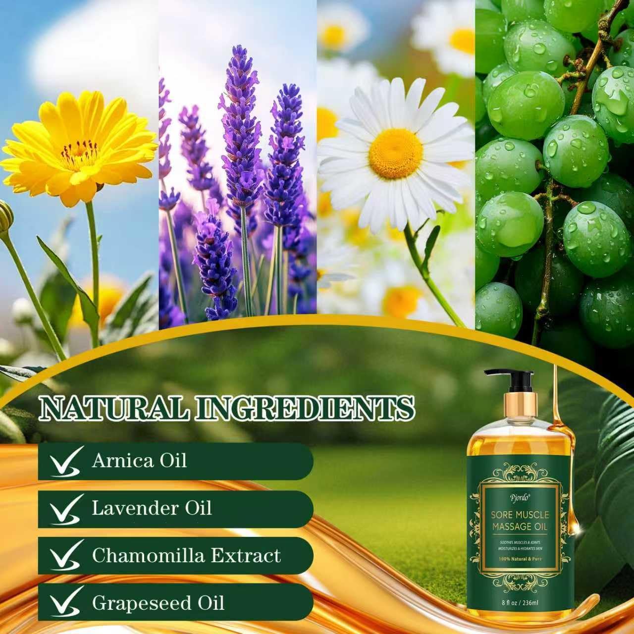 Sore Muscle Massage Oil for Massage Therapy, 8 FL OZ Natural Body Massage Oil with Lavender Oil, Arnica & Chamomile Extract, Soothes Muscle and Joint for Professional & Home Use