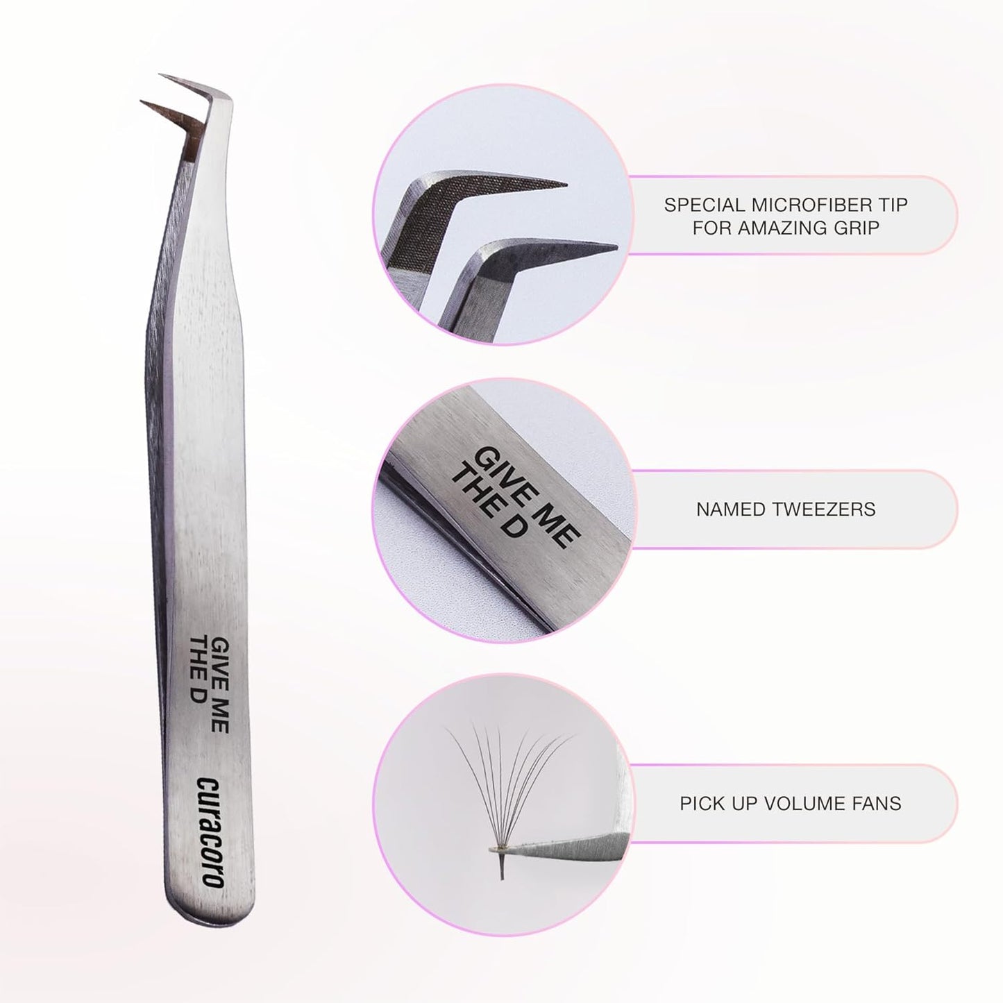 Curacoro Lash Tweezer - Professional & Precision Fiber Tip Grip Lash Tweezers for Eyelash Extensions, Multi Shapes & Purposes Tweezers for Volume, Isolation & Classic Lashes (Silver, Give Me the D)