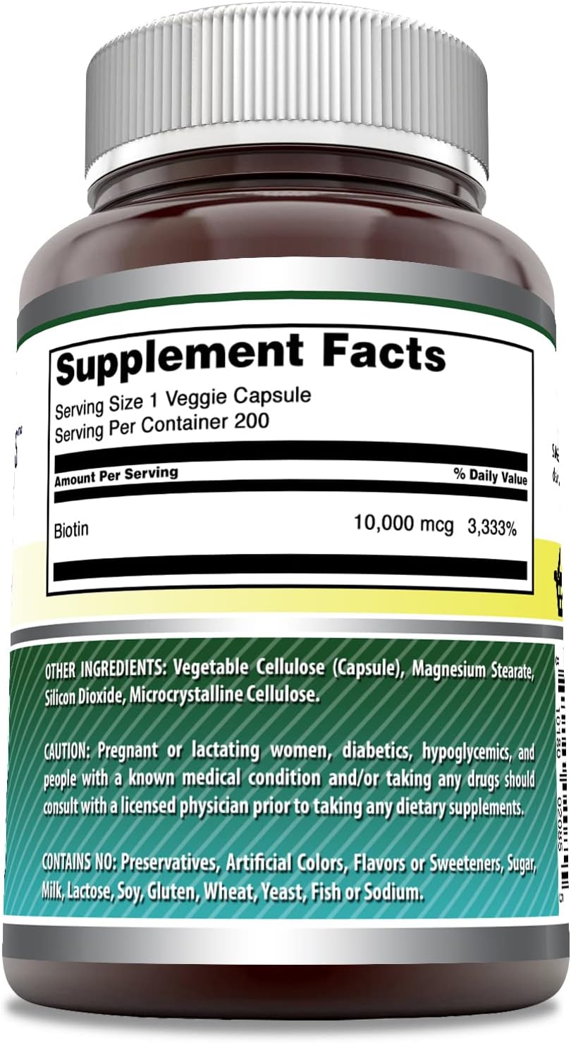 Amazing Formulas Biotin 10,000 Mcg Supplement | 200 Veggie Capsules | Non-GMO | Gluten-Free | Made in USA | Suitable for Vegetarians