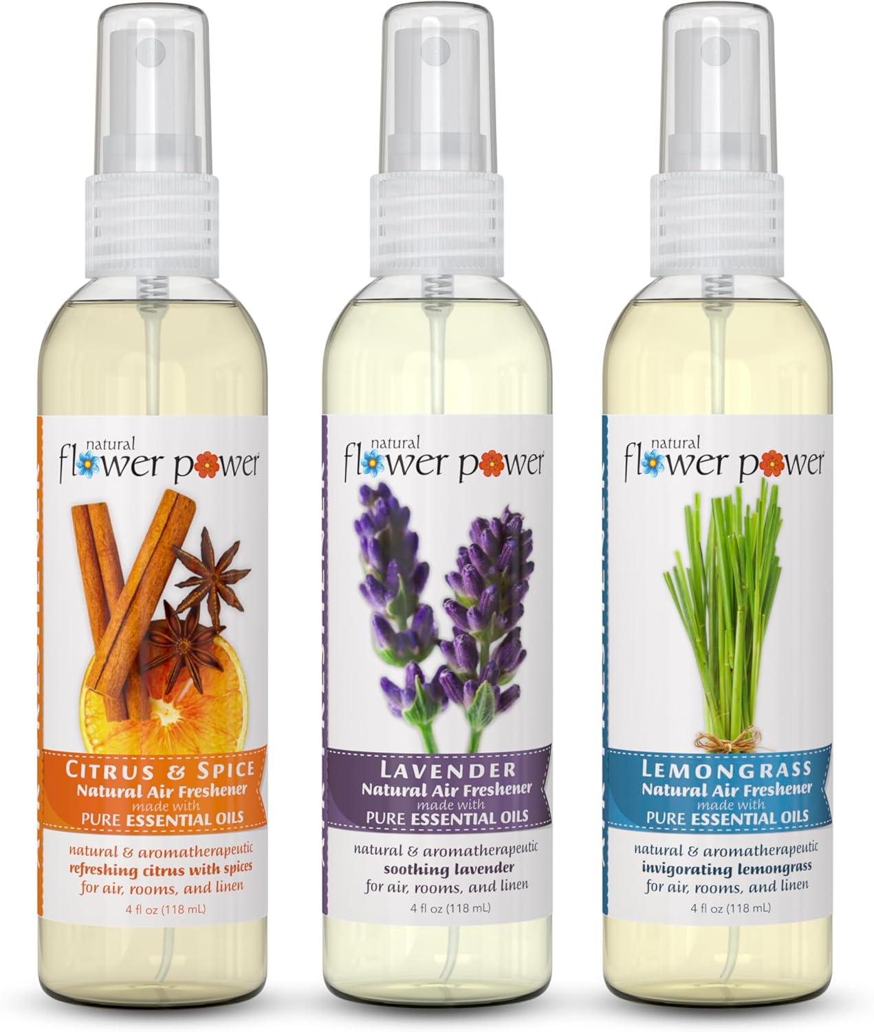 Air Freshener Spray - Odor Eliminator with Essential Oils for Home, Car & Fabric - Cruelty Free & Vegan - Variety Pack - Citrus & Spice + Lavender + Lemongrass - 3 x 4 fl oz
