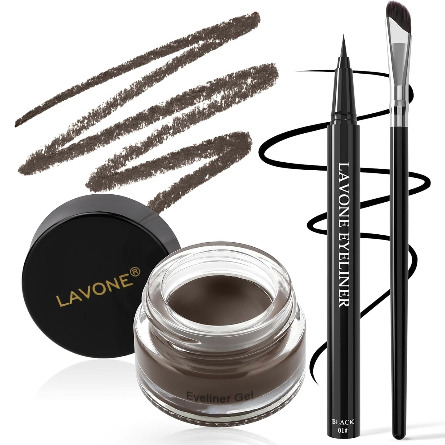LAVONE Eyeliner Set - Waterproof Makeup Kit with Liquid Eye Liner Pencil, Gel Eyeliner and Angled Eye Liner Brush, Waterproof, Smudge Resistant, Long Lasting Formula - Medium Brown