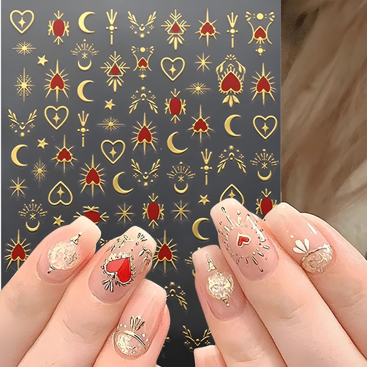 Gold Nail Stickers Decals 12 Sheets Sun Moon Nail Art Stickers Decals 3D Self Adhesive Star Nail Decals Design Heart Nail Supplies Charms for Women Girls Nail Art Manicure Decoration