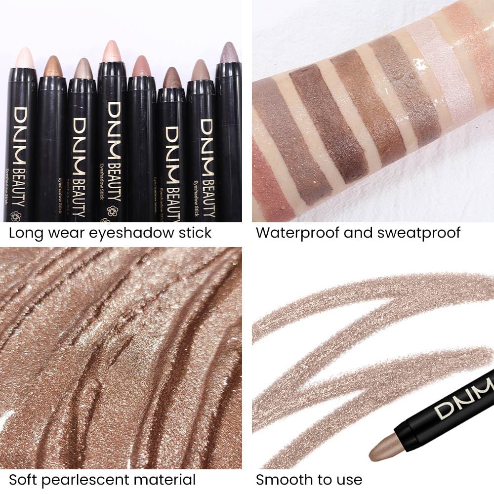 8Pcs Cream Eye Shadow Brightener Stick Makeup Set, Champagne Pearl Taupe Bronze Cocoa Stone Putty Smoky Amethyst Shimmer Matte Eyeshadow Eyeliner Pencil Applicator Stick Palette Makeup for Older Women