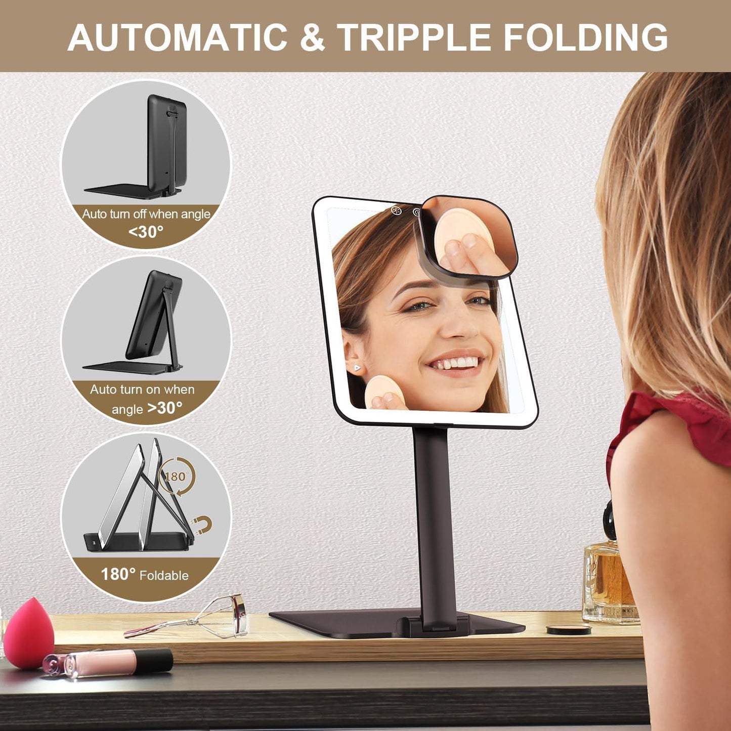 Mocado Travel Makeup Mirror with Light - 7x5 Inches Tripple Folding Travel Mirror with Light, 3 Colors Lighted Makeup Mirror, Portable Makeup Mirror, Freely Adjust Height and Angle(Black)