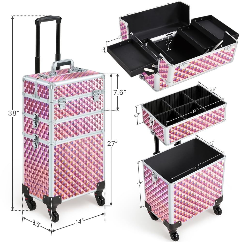 Yaheetech Rolling Makeup Train Case 3 in 1 Cosmetic Case Professional Makeup Suitcase Large Aluminum Cosmetic Trolley with Swivel Wheels and Key, Diamond Pattern- Pink