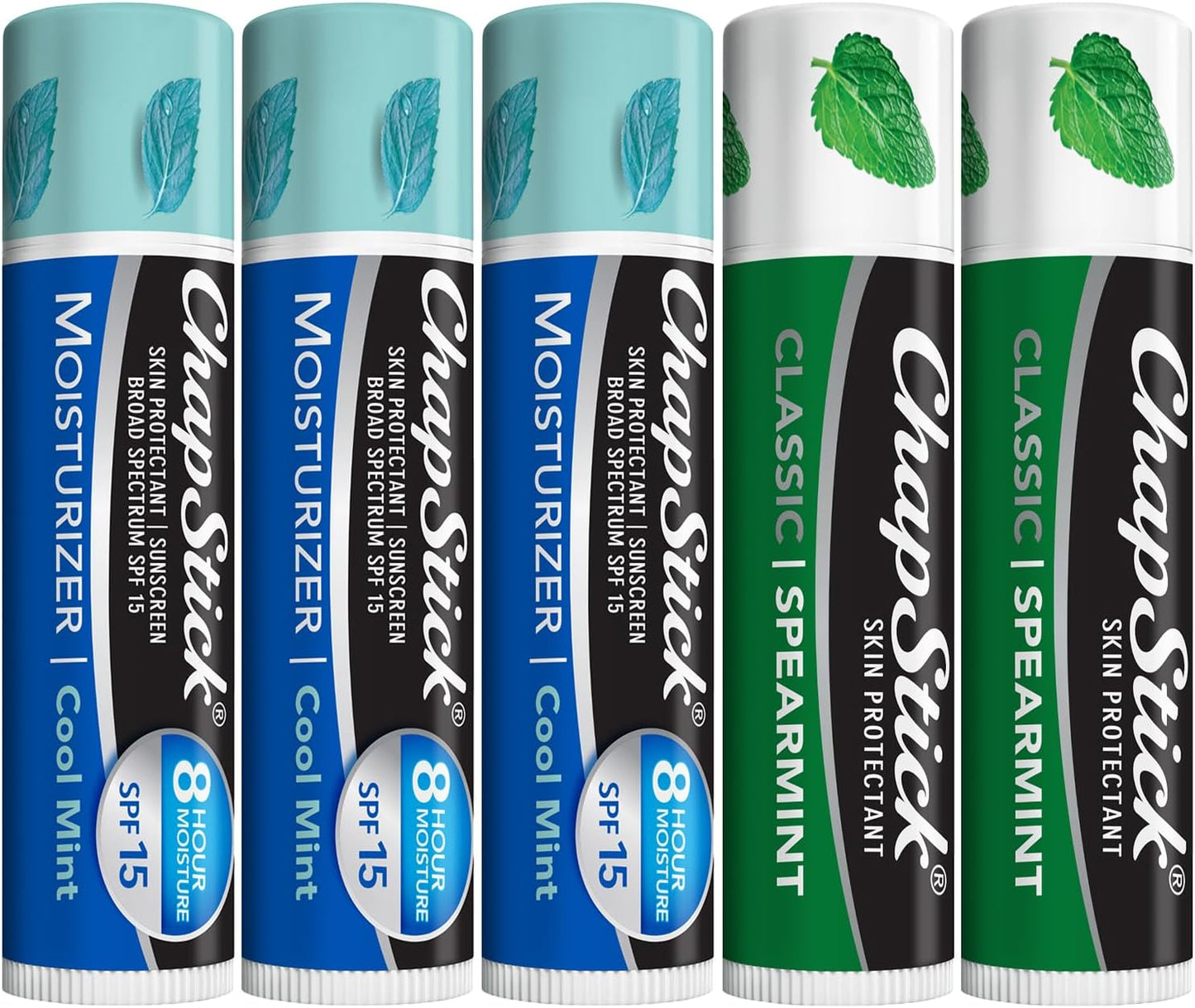 ChapStick Moisturizer 2-in-1 Lipcare SPF 15 Cool Mint 3-Pack + Classic Spearmint Lip Balm 2-Pack, 0.15 Oz Ea (5 Piece Set)