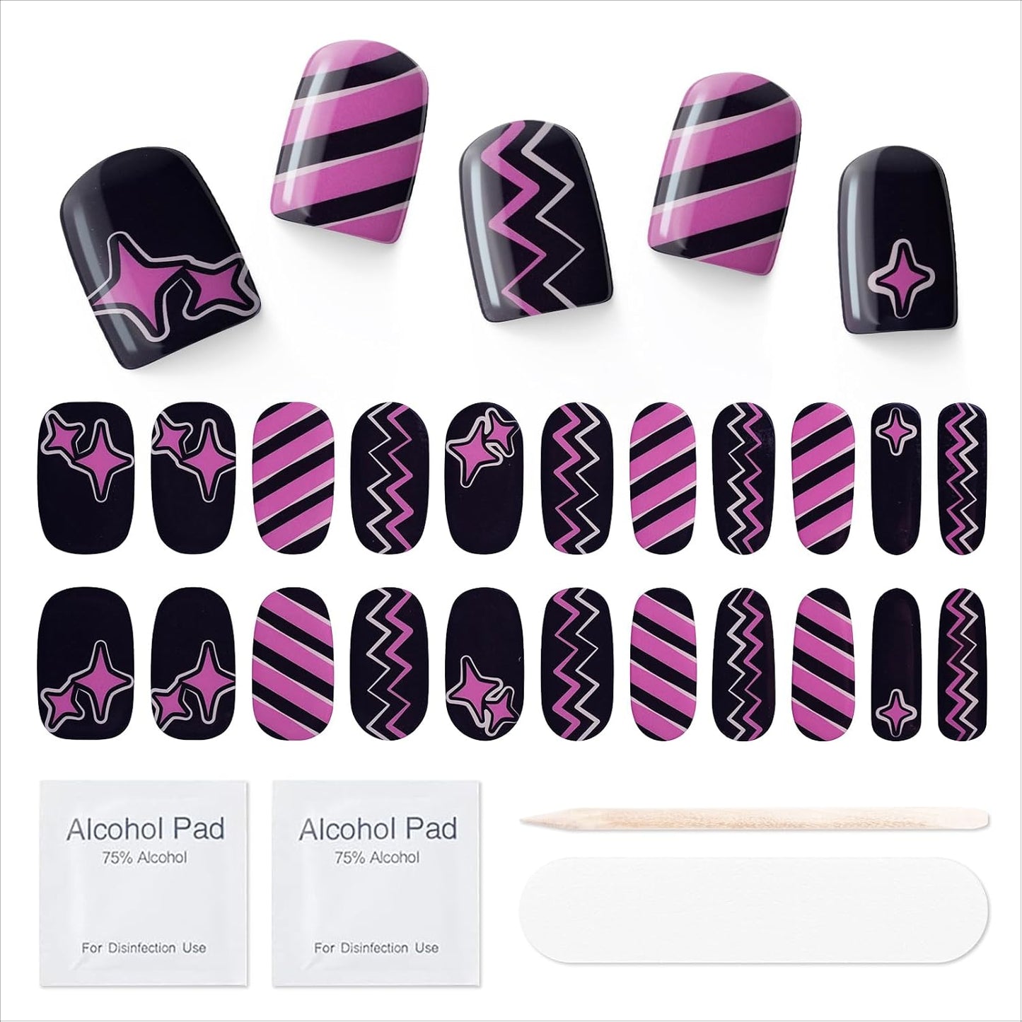 Gloss Nail Strips|Uv Free|22 Pcs,Gel Nail Stickers|Long Lasting Two Weeks and Easy to Apply&Remove|Black Purple Pop