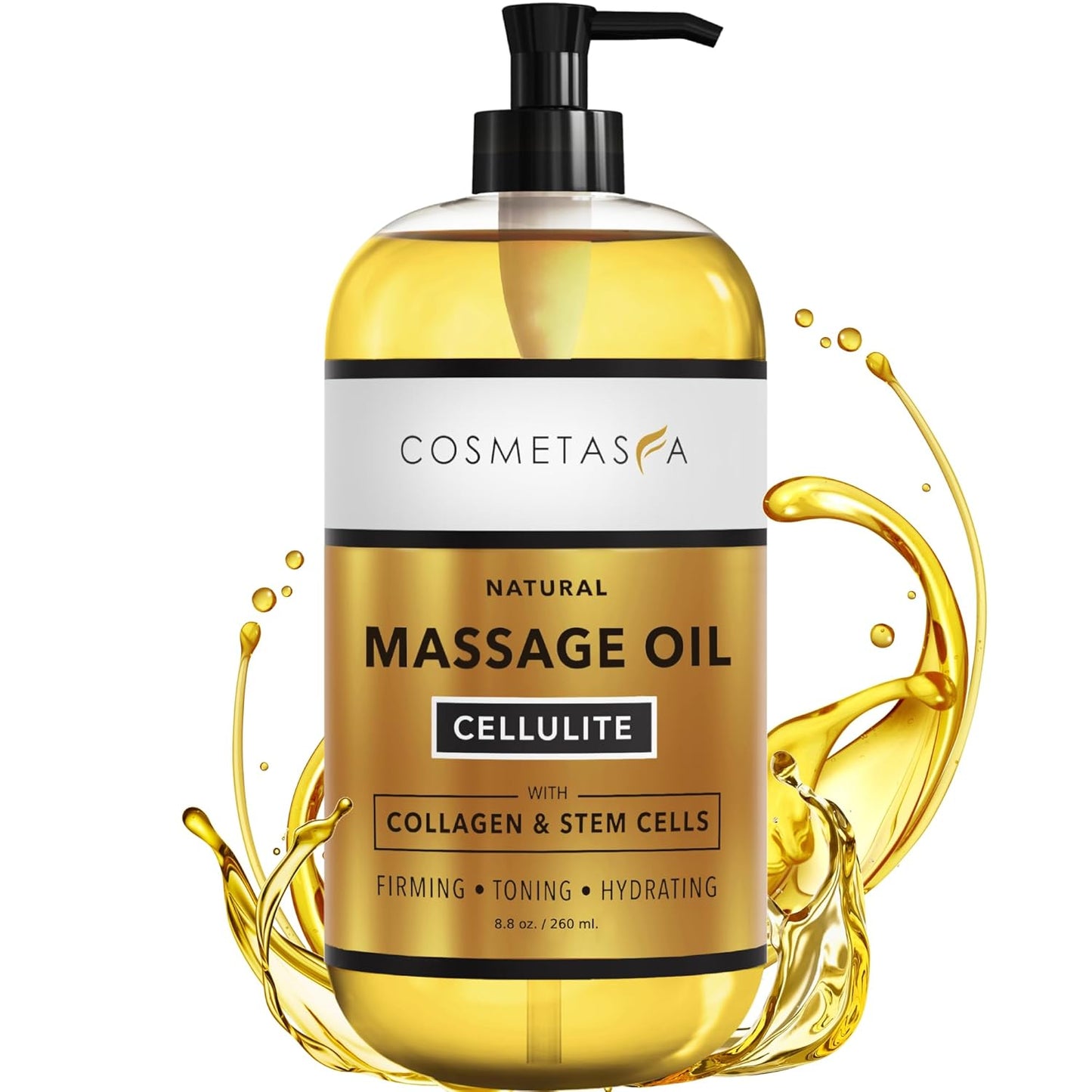 Cellulite Massage Oil with Collagen & Stem Cells- 100% Natural Anti Cellulite Oil, Assists with Firming, Toning & Moisturizes Skin 8.8 oz. by Cosmetasa
