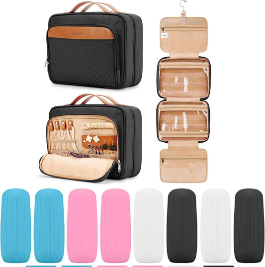 Travel Hanging Toiletry Bag for Women, Large Makeup Bag 8 Leak Proofing Silicone Bottle Covers, Waterproof Cosmetic Bag with Jewelry Organizer Compartment, Toiletries Kit Set, Black