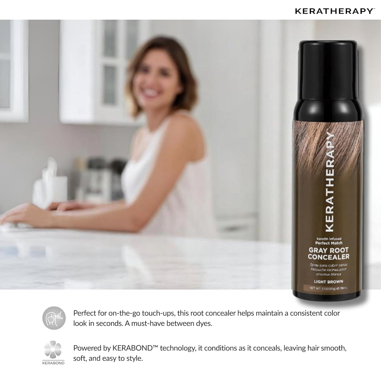 Keratherapy Keratin Infused Perfect Match Gray Root Concealer Spray, Light Brown, 3 oz, 118ml - Root Cover Up Spray to Hide Gray Roots - Keratin Therapy Hair Darkening & Temporary Scalp Concealer