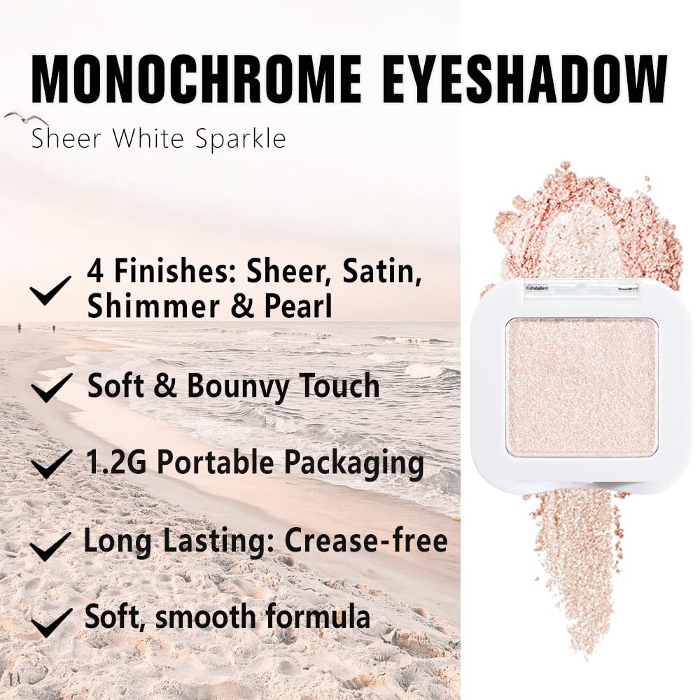 Kaely Pressed Single Eyeshadow Makeup, Sheer White Sparkle Highly Pigmented Monochrome Eye Shadow Palette, Waterproof Neutral Powder Mini Eyeshadow, sombras para ojos, Lightweight Blendable, 02