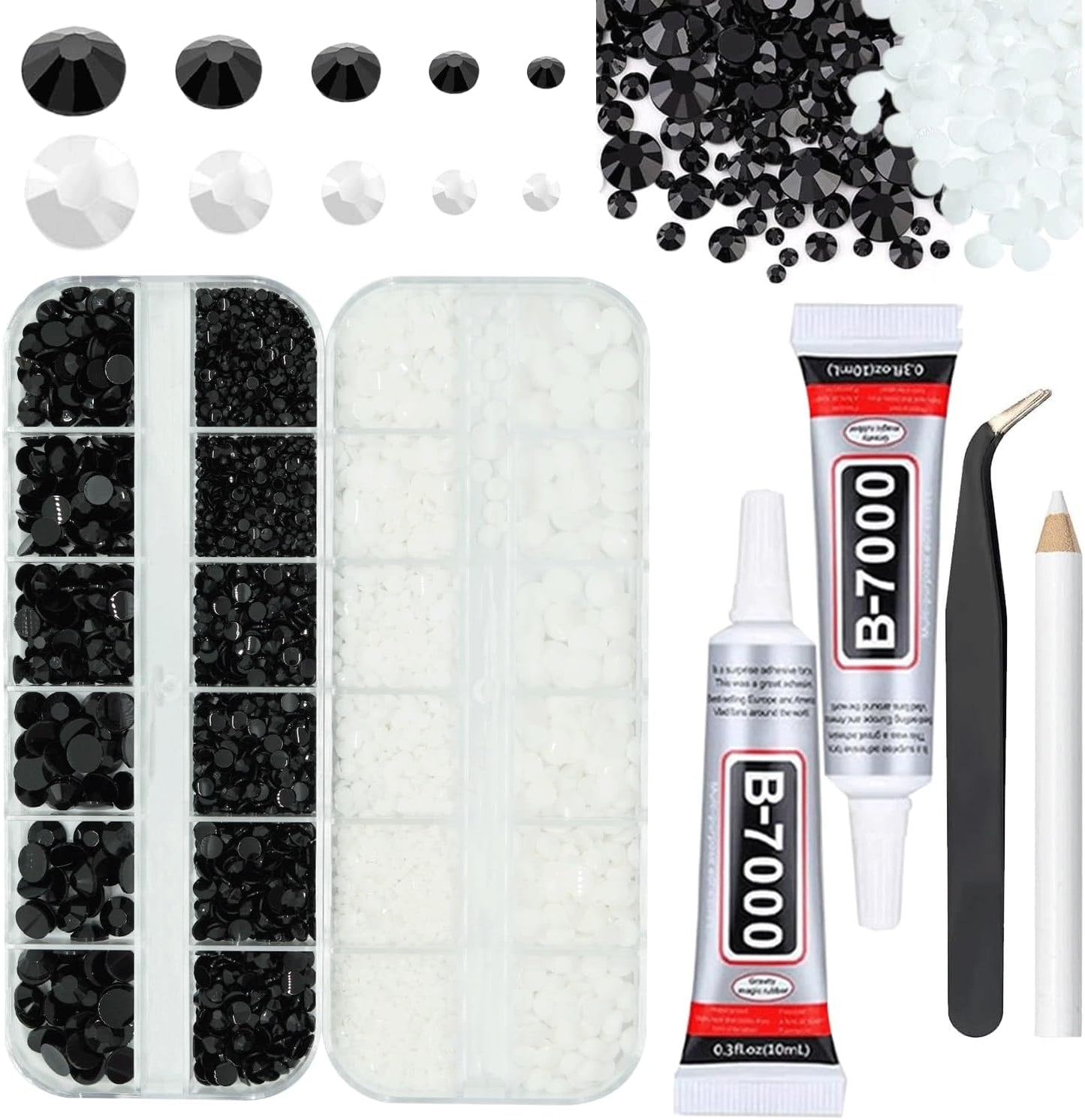 Black And White Rhinestones for Bedazzling With B7000 Glue, 2mm 3mm 4mm 5mm 6mm (SS8-SS30) Non-Hotfix Flatback Nail Gems Beads, Nail Crystals Diamond Kit for Bedazzle Crafting, Nails DIY Art