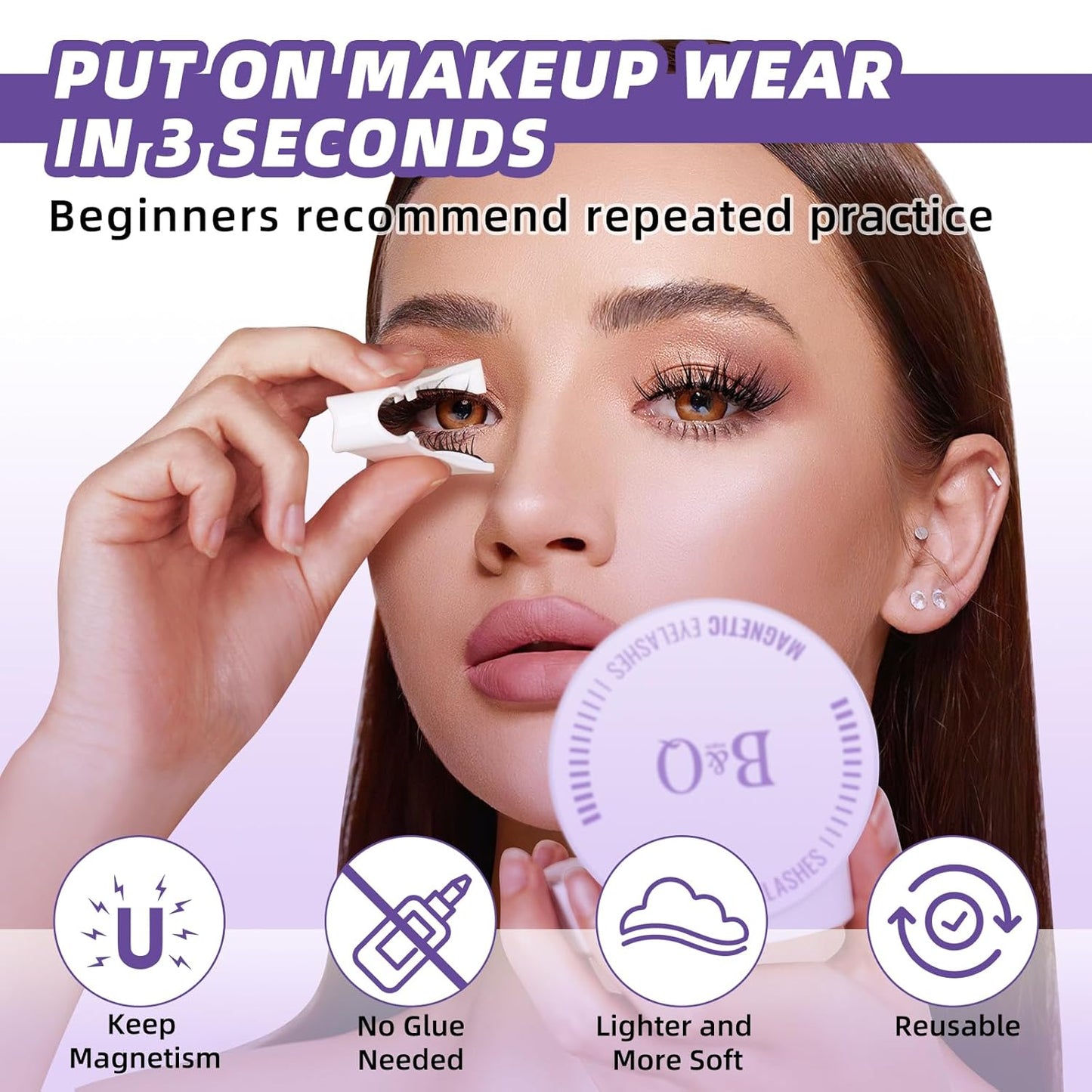 B&Qaugen Magnetic Eyelashes with Applicator Reusable Glue-Free Natural Look Eyelashes Kit Easy to Wear and Remove (2Pairs)