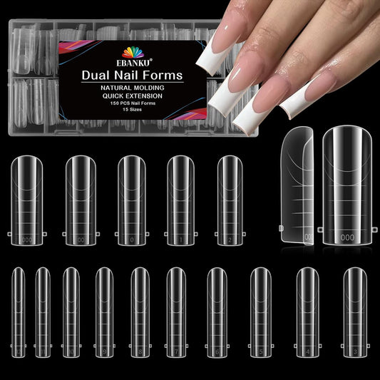 EBANKU Dual Nail Forms for Poly Extension Gel, 150 PCS Nail Molds Reusable 15 Sizes Nail Extension Forms for Builder Gel Manicure Design Salon DIY