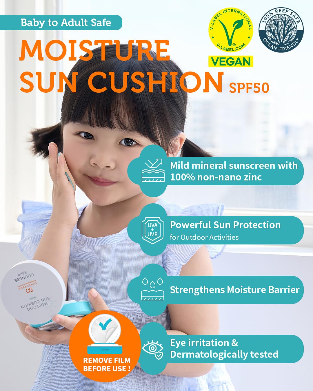 Sun Lotion SPF 40 & Moisture Sun Cushion SPF 50-100% Zinc Oxide Mineral Sunscreen - Vegan Reef-Safe for Babies Kids Adults - Korean Skincare, 2.82oz & Cushion 0.81oz