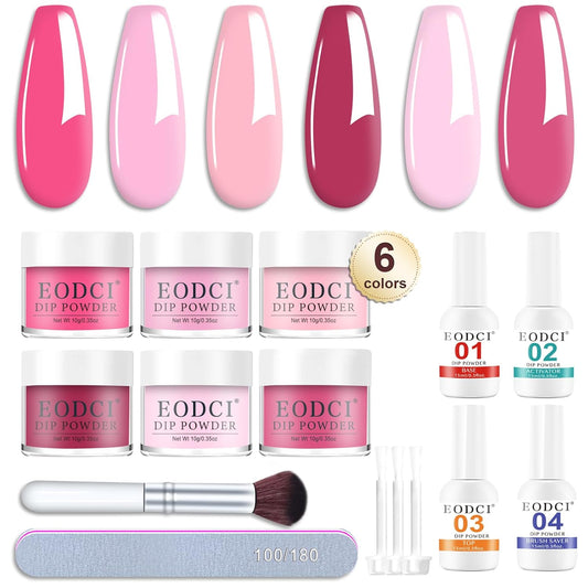 Dip Powder Nail Set, 6 Colors Hot Pink Series 12 Pcs Dipping Powder Kit With Base & Top Coat/Activator/Brush Saver,Nail Art Dip Manicure Kits Odor-Free&Long-Lasting, No Needed Nail Lamp Curing