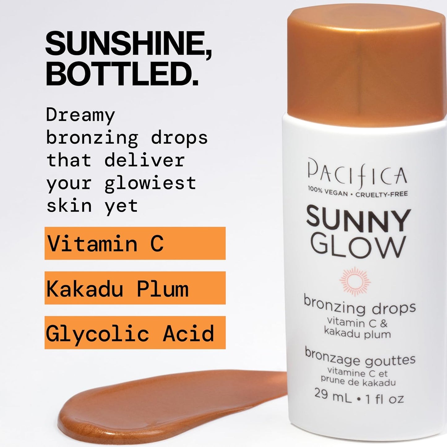 Pacifica Sunny Glow Liquid Face Bronzer Drops - Face Makeup Bronzing For Face & Cheeks for Instant Sun-Kissed Glow - Vitamin C & Glycolic Acid Infused Liquid Bronzer Illuminating Highlighting Clean