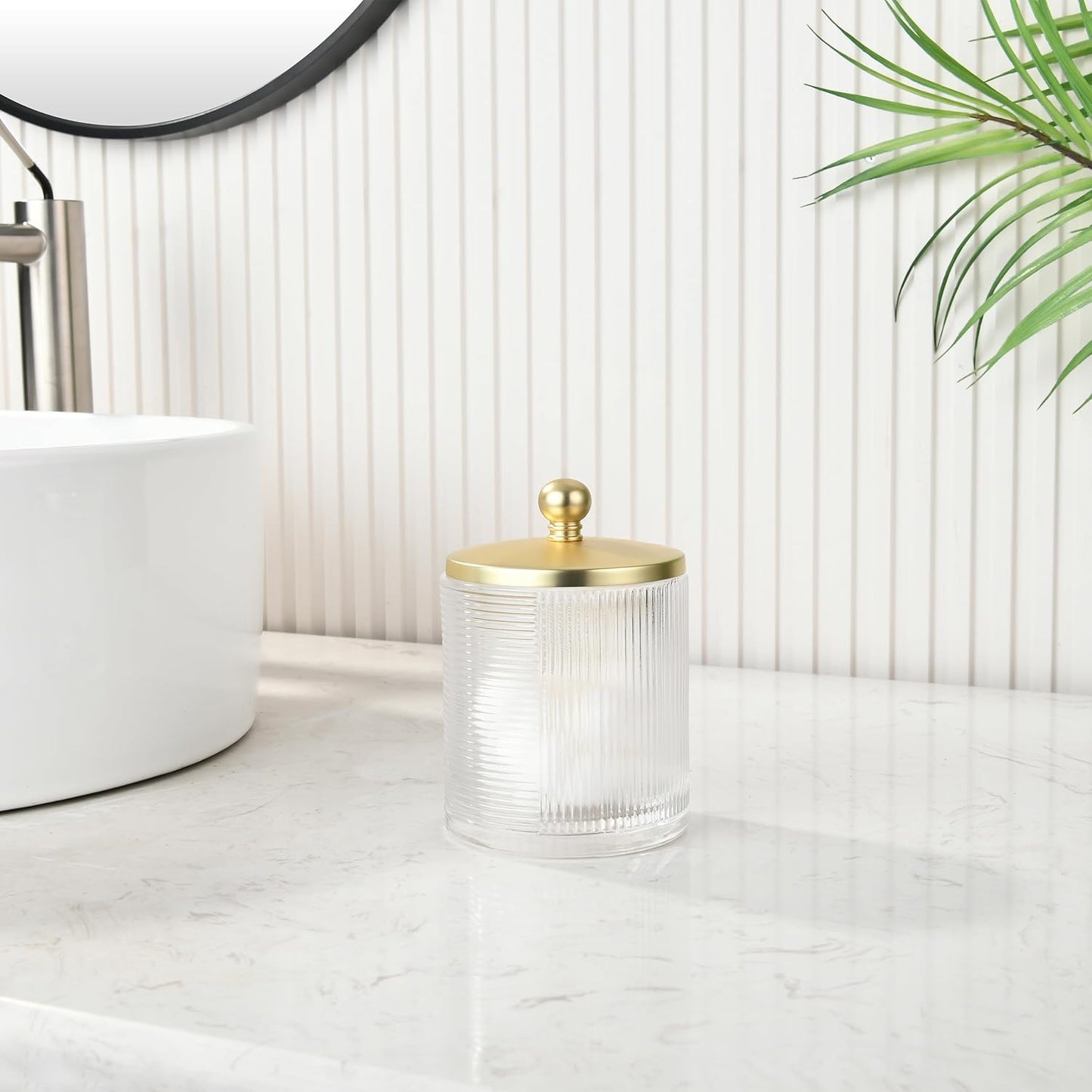 Glass Cotton Jar Holder Matte Gold Lid, Elegant Bathroom Storage Canister for Qtips, Cotton Balls, Floss, Makeup Organizer, Vanity Bathroom Organization