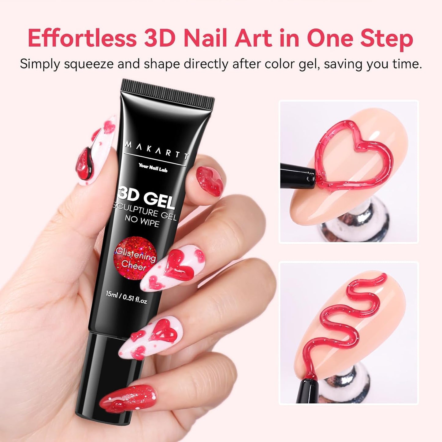 Makartt 3D Gel Nail Art: 3D Sculpting Gel for Nail Art Design 15ml 3 in 1 No Wipe Gel Polish for Drawing Carving Nails Gel, Molding Embossed Gels for Nail Decoration DIY Manicure - Glistening Cheer