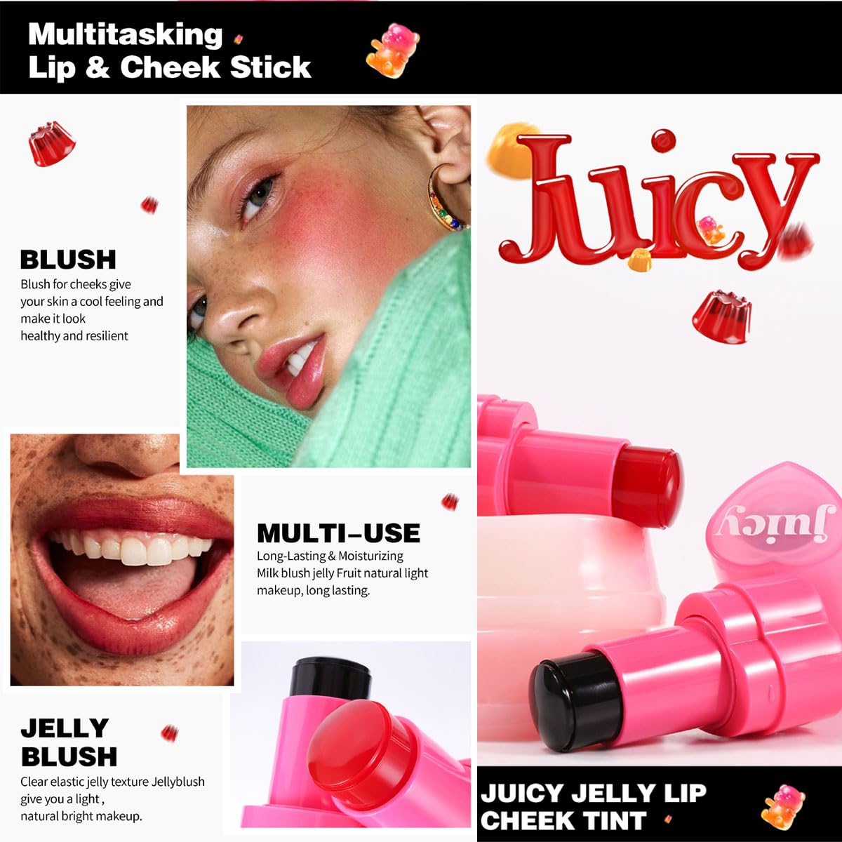 Cooling Water Jelly Tint Stick，Multi-Use Juicy Love Blush, 3-In-1cheek Blush & Eyeshadow & Lip Tinted Long-Lasting Moisture Stick，Bouncy Jelly Texture，Creates A Moist Watercolor Effect (#01, 0.32oz)