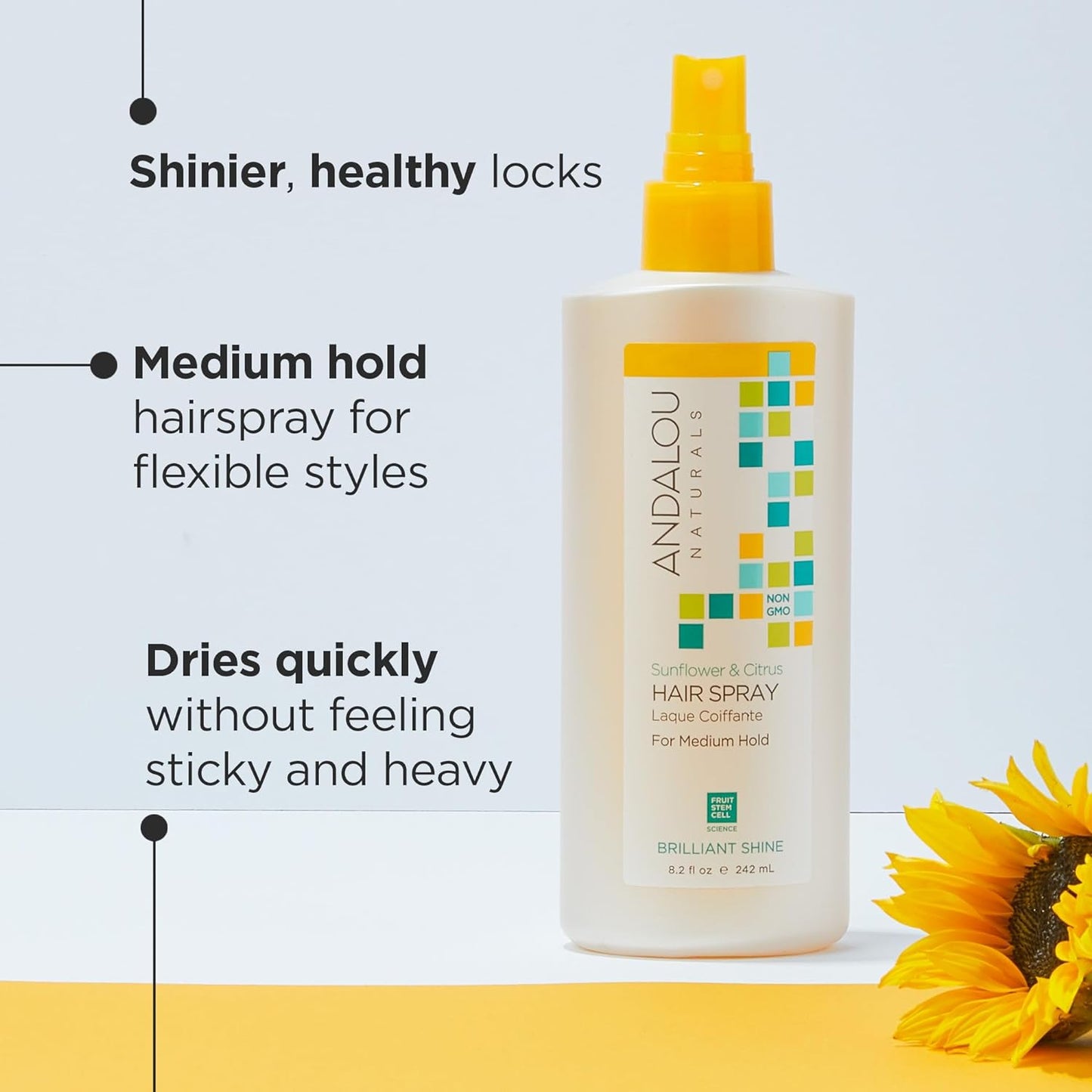 Andalou Naturals Sunflower & Citrus Brilliant Shine Hair Spray | Styling for Shine & Medium Hold | Aloe Vera for Frizz Control | Natural & Cruelty Free | 8.2 fl oz
