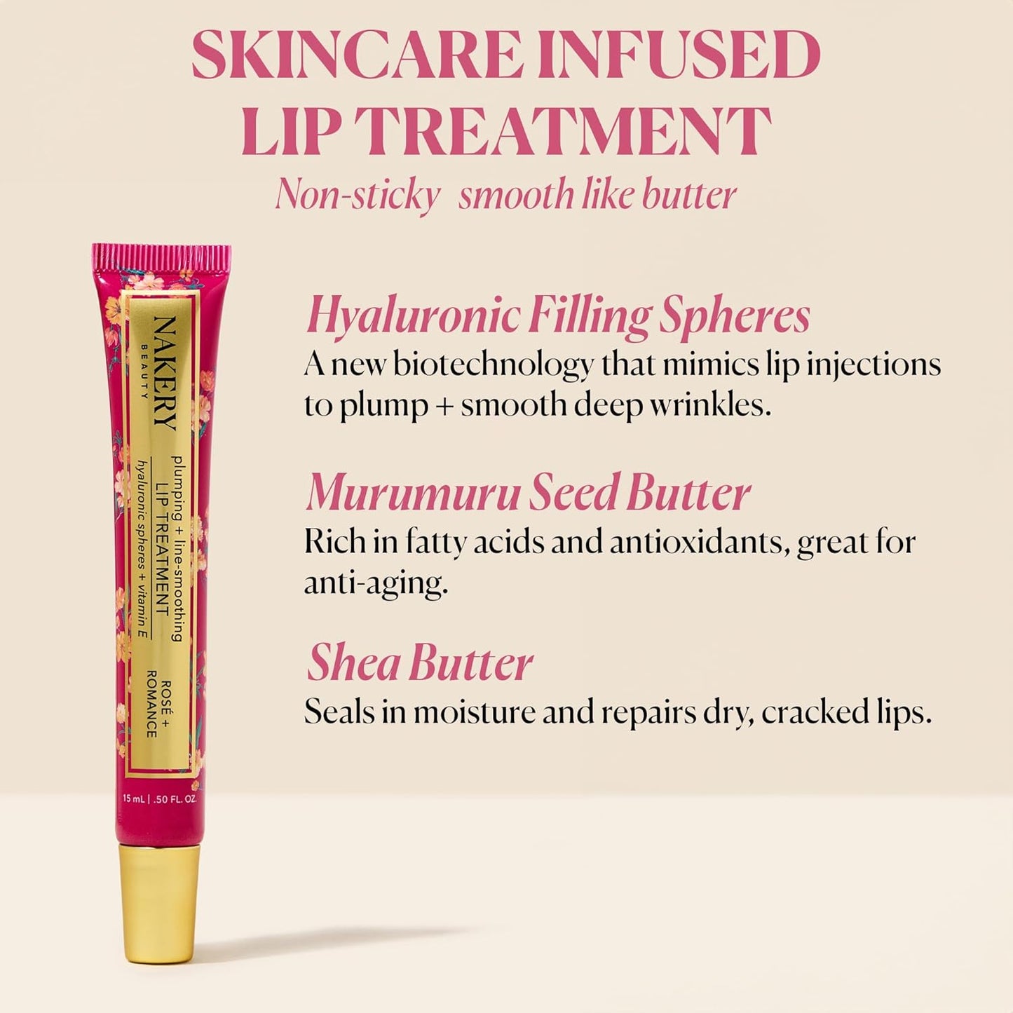 Nakery Plumping Lip Treatment for Dry Cracked Lips - Line Smoothing Lip Plumper for Women with Hyaluronic Acid Serum for Lips - Non Sticky Lip Gloss Plumper for Petal Soft Lips - Rose & Romance