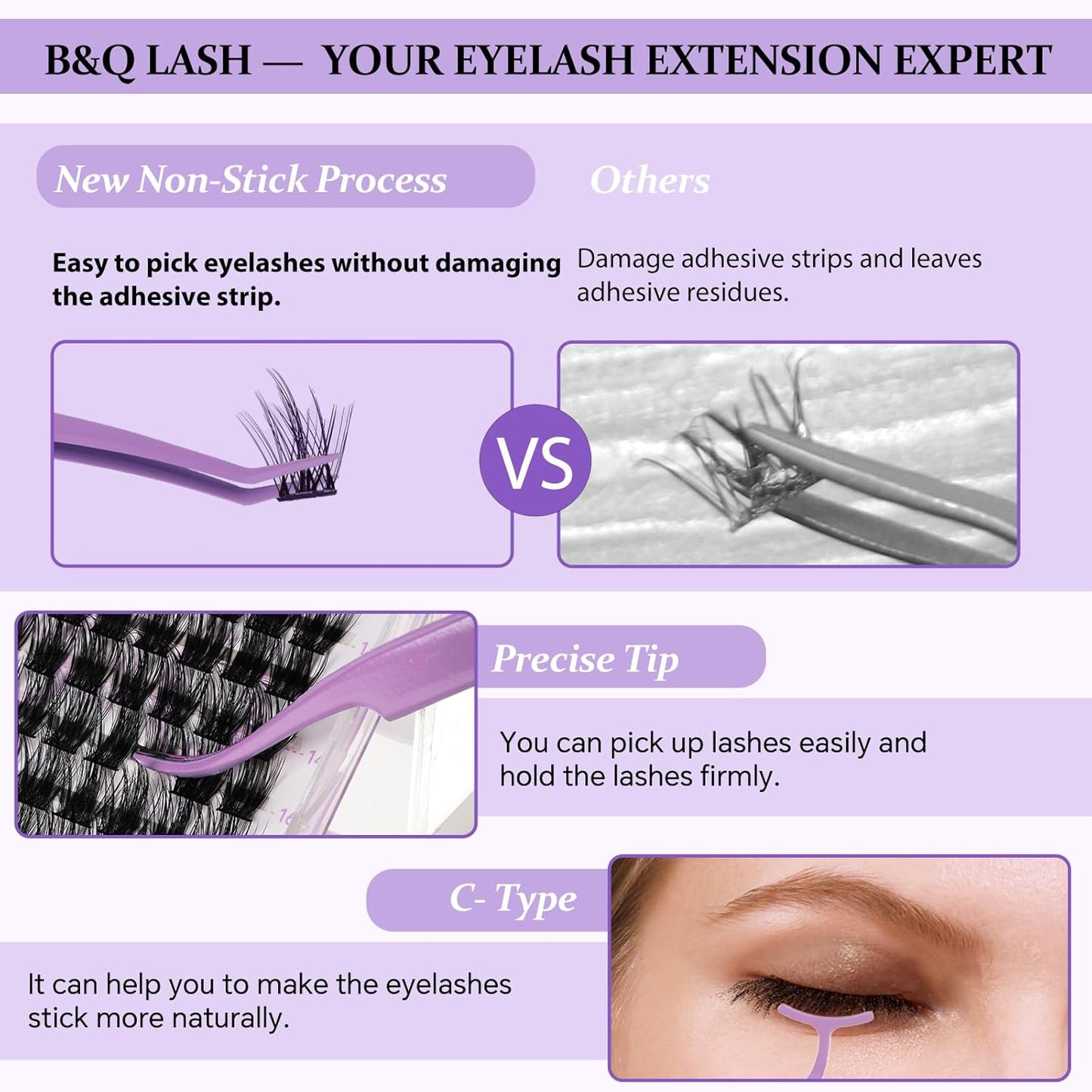 Eyelash Applicator Tool 3 PCS Lash Applicator Tool Kit Lash Tweezers for Eyelash Extensions Application Tool and Removal （Purple,3 PCS）