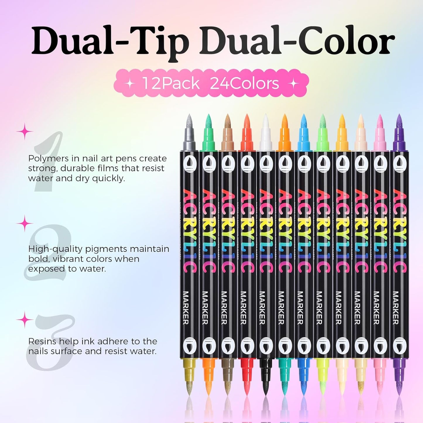 24 Colors Nail Art Pens Set, 3D Nail Polish Pens Quick-Drying Acrylic Paint Markers, Dotting Liner Brush for DIY Nail Design, Home & Salon Manicure Tools