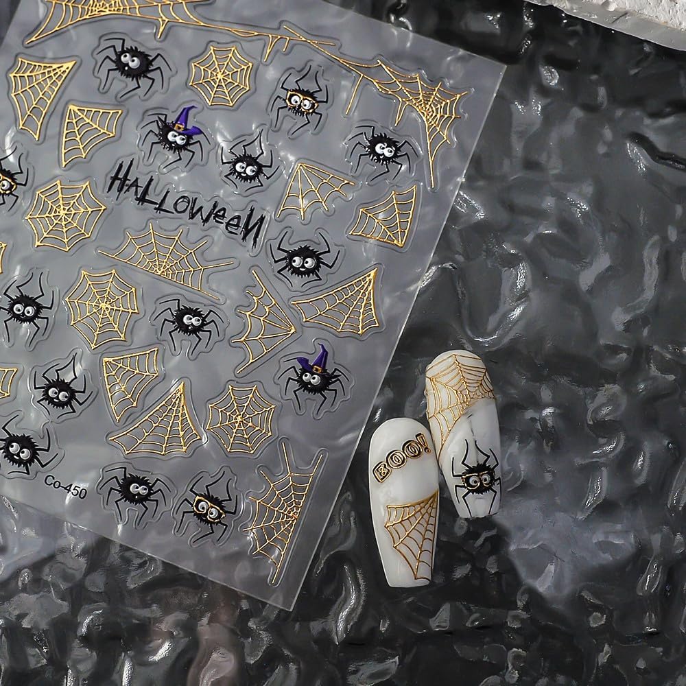 Halloween Nails Stickers Black Spider with Hat Nails Sticker 3D Embossed Gold Web Self Adhesive Sticker Nail Decals Funny Spiders Nail Art Decal Halloween Decals for Nail DIY Manicure 1Sheet
