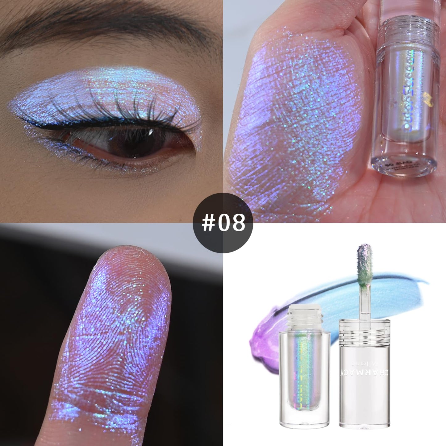 CHARMACY Multichrome Glitter Liquid Eyeshadow, Chameleon Shifting Color, Holographic Metallic Eyeshadow, Long-Lasting Wear, Vegan Eye Topper for Party, Daily Makeup #08